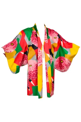 1930's Japanese Haori Silk Kimono Jacket Bold Zinnia & Patchwork Print