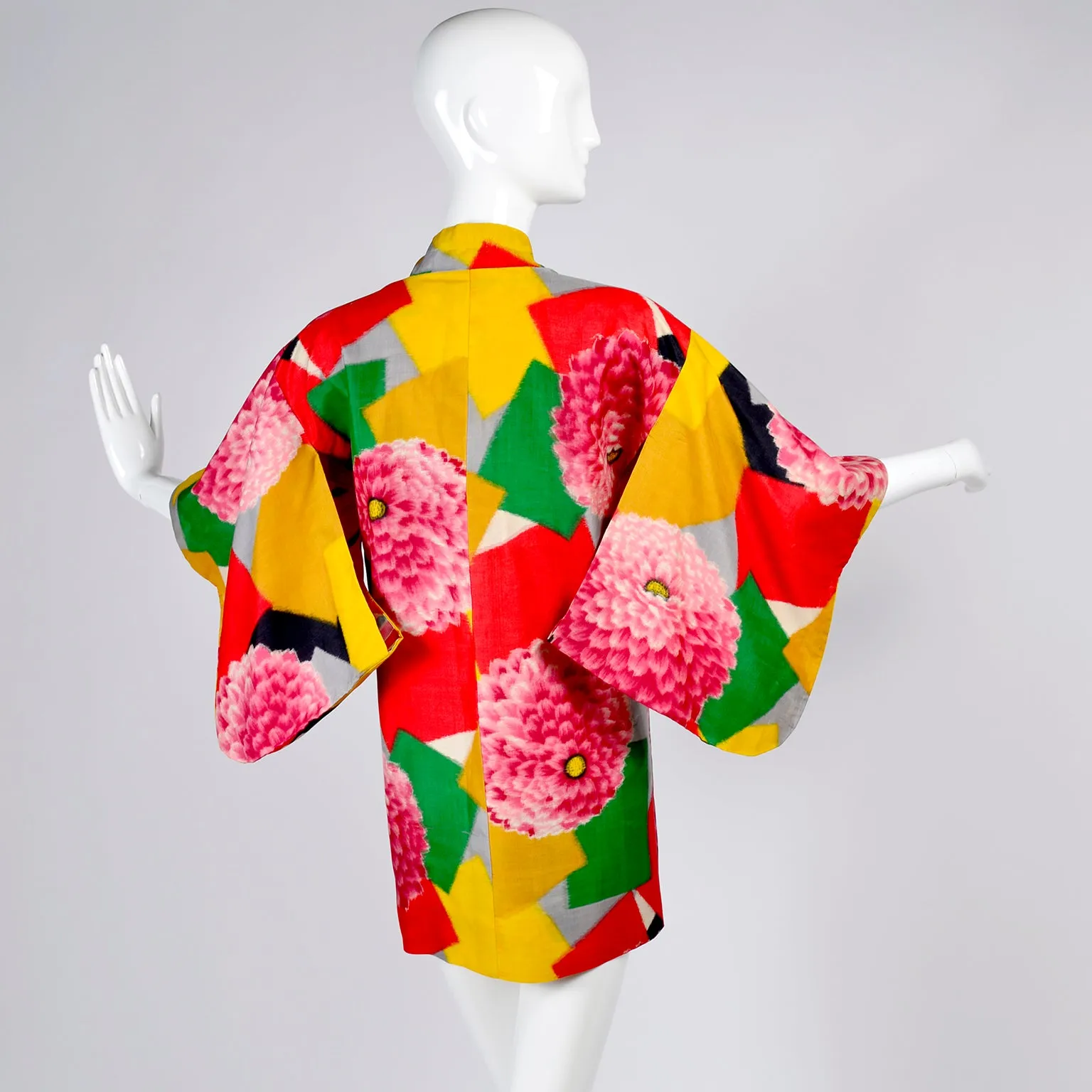 1930's Japanese Haori Silk Kimono Jacket Bold Zinnia & Patchwork Print