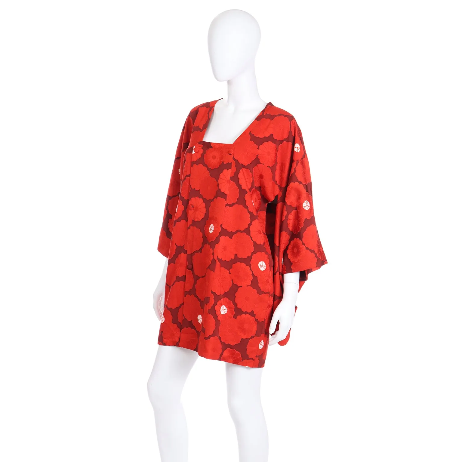 1960s Japanese Vintage Red Floral Silk Michiyuki Haori Jacket