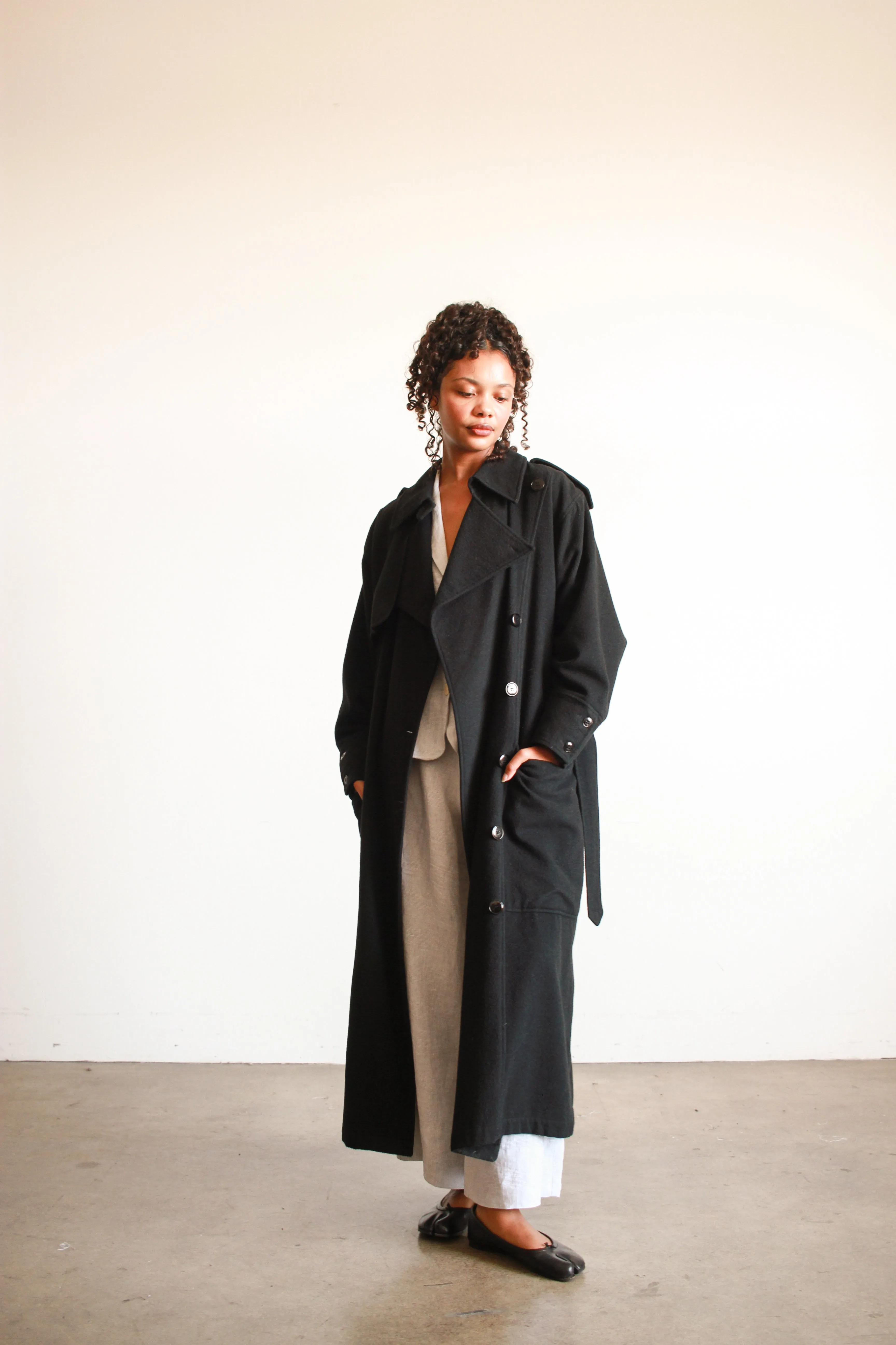 1980s Oversized Black Felt Wool Trench Coat