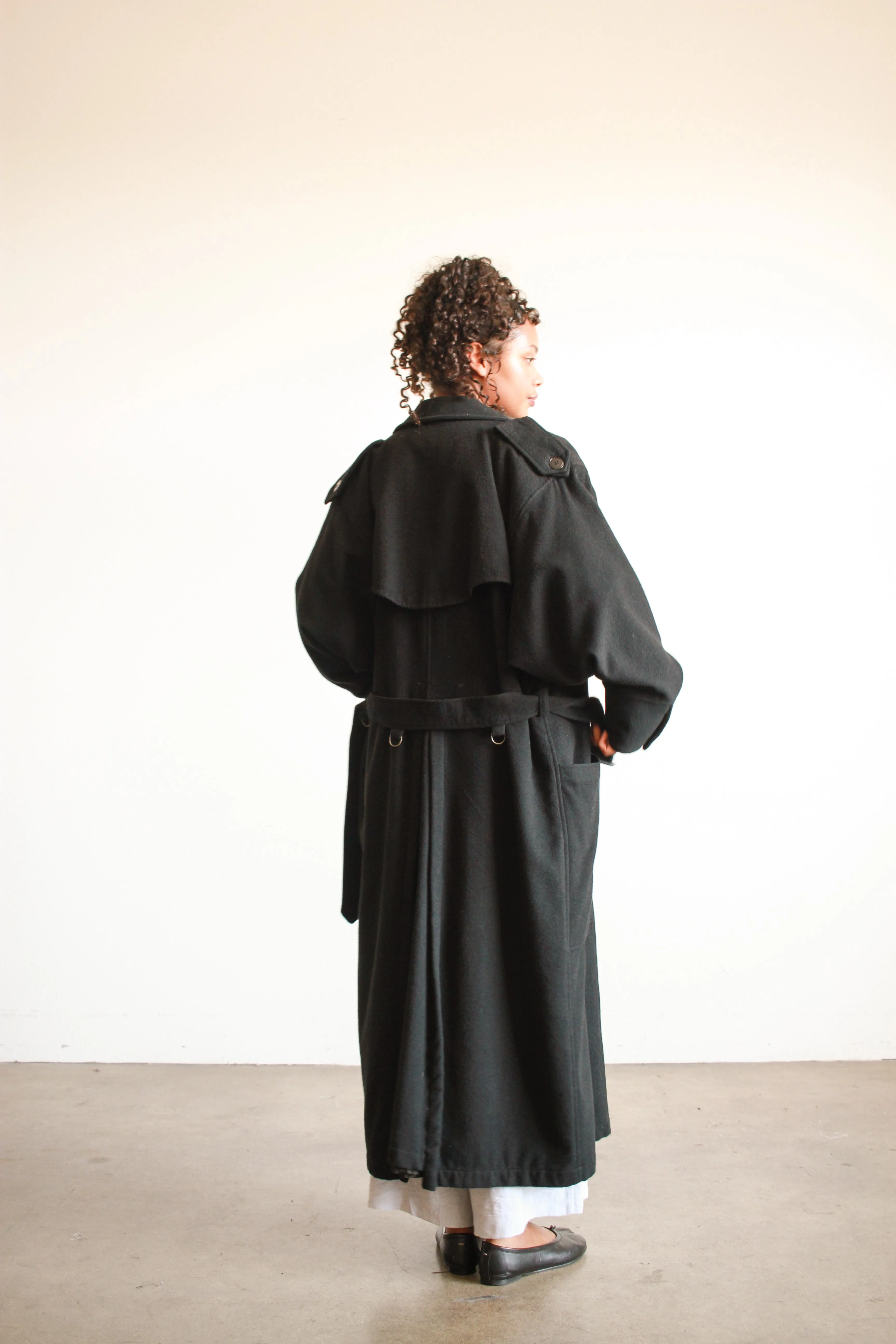 1980s Oversized Black Felt Wool Trench Coat