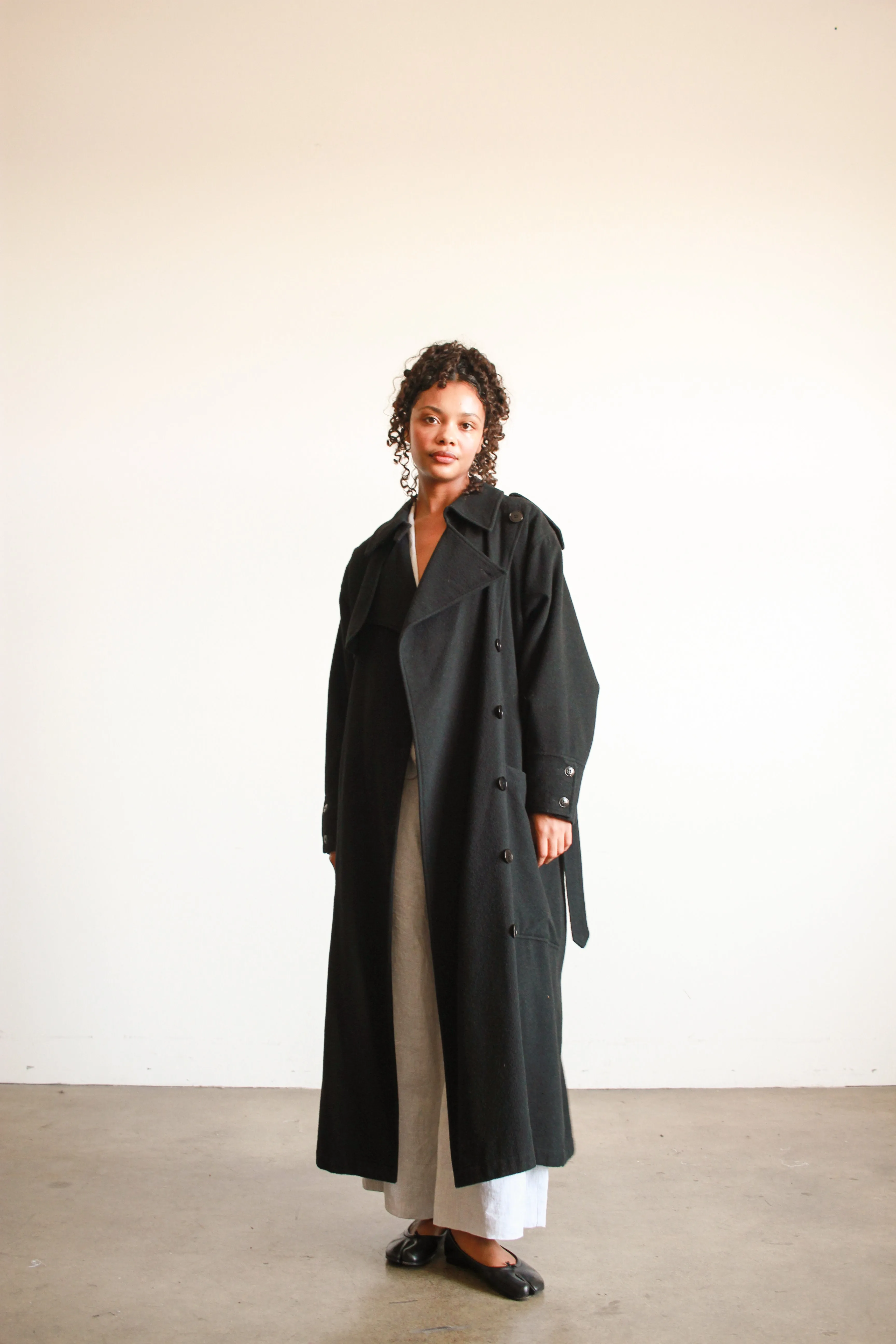 1980s Oversized Black Felt Wool Trench Coat