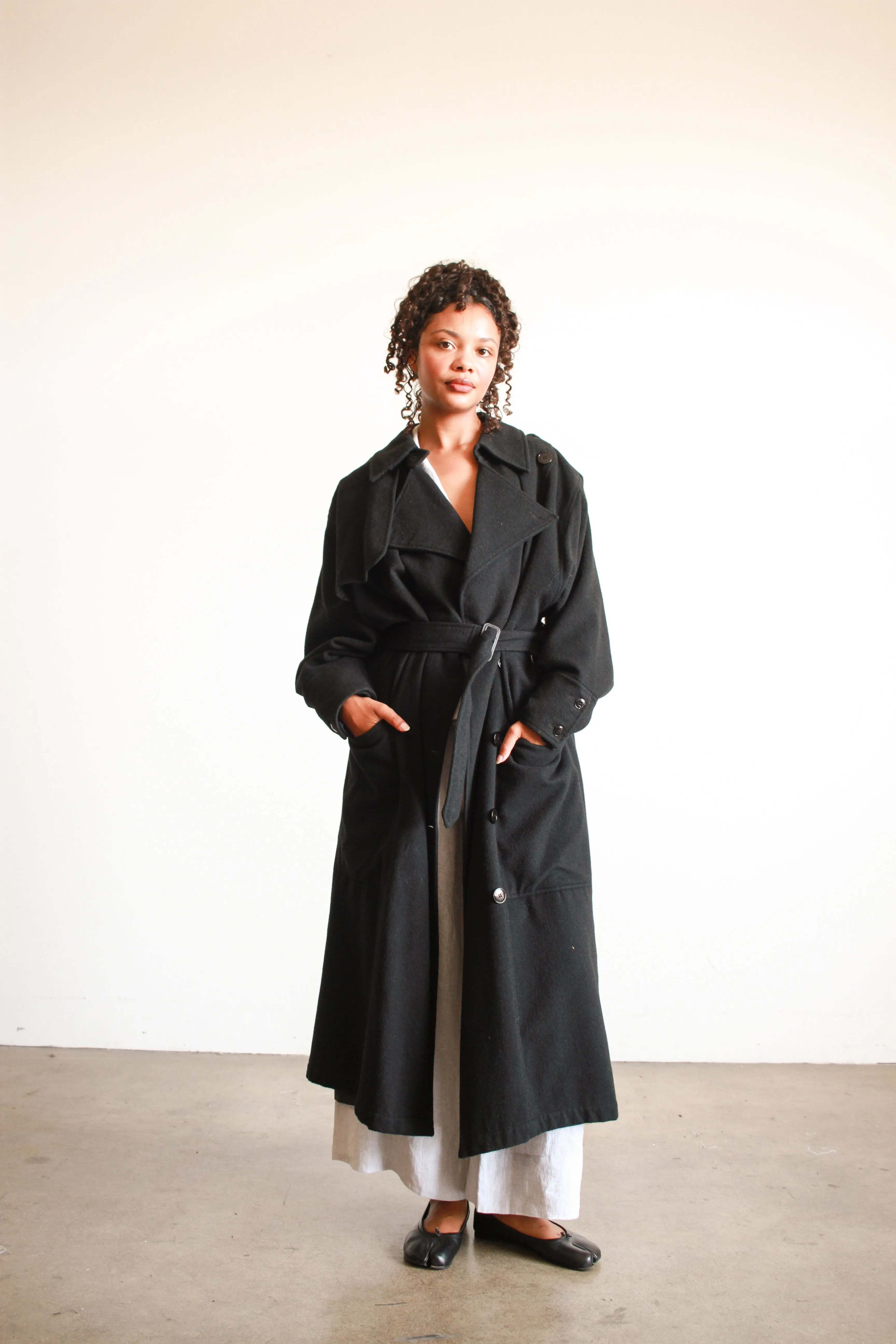 1980s Oversized Black Felt Wool Trench Coat