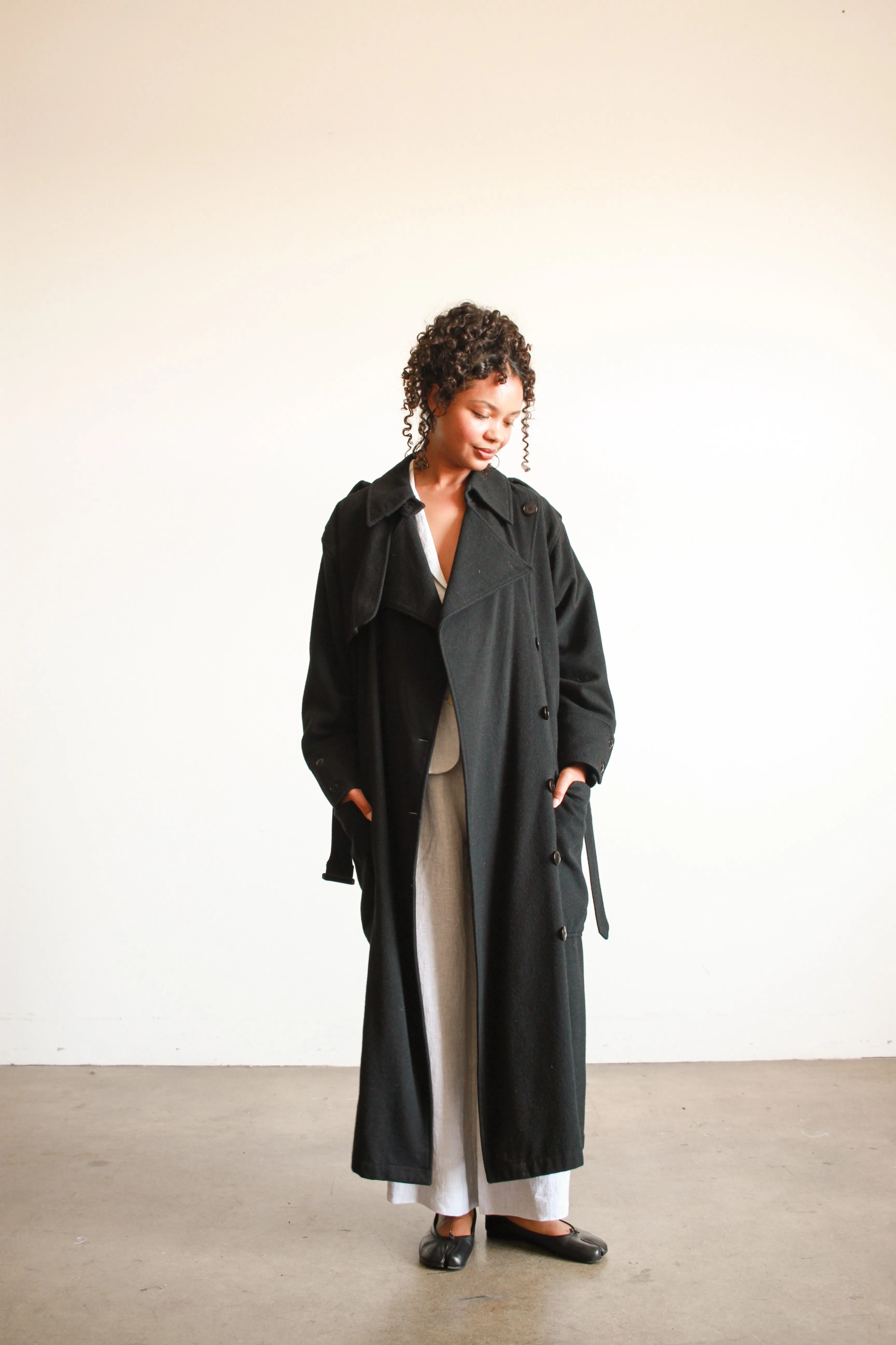 1980s Oversized Black Felt Wool Trench Coat