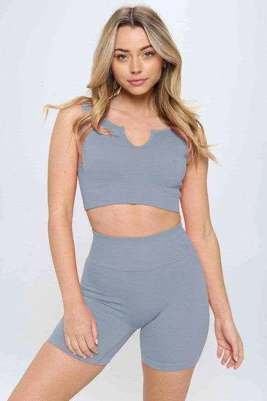 2 piece Seamless Ribbed Tank Top Biker Shorts Set for Women Workout