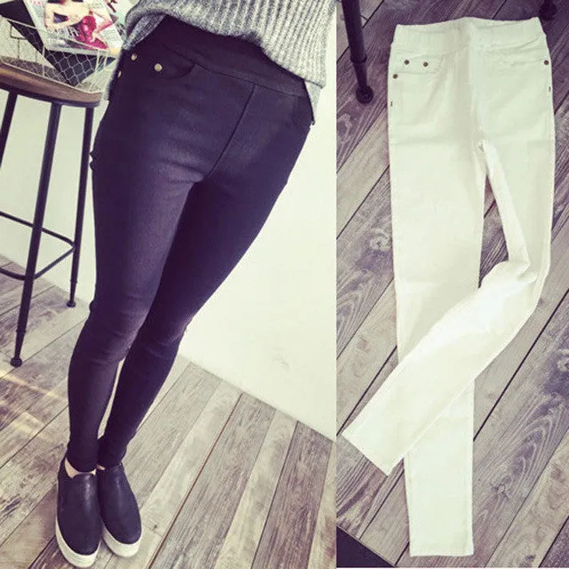 2015 New Fashion Womens Spring Autumn Casual Skinny Jeans Leggings Woven Slim High Elastic Denim Pencil Pants Pocket For Women