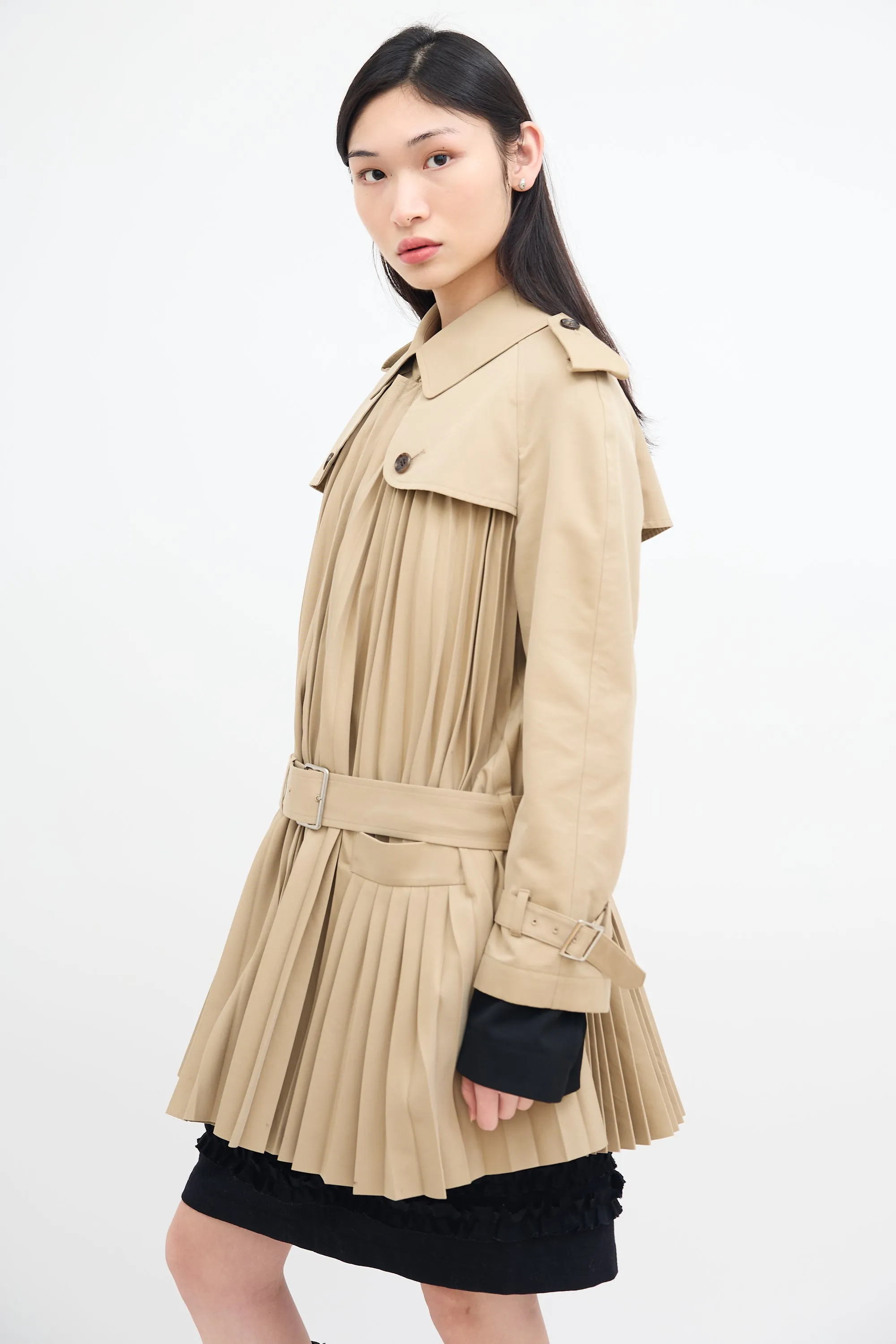 2017 Beige Belted Pleat Trench Coat