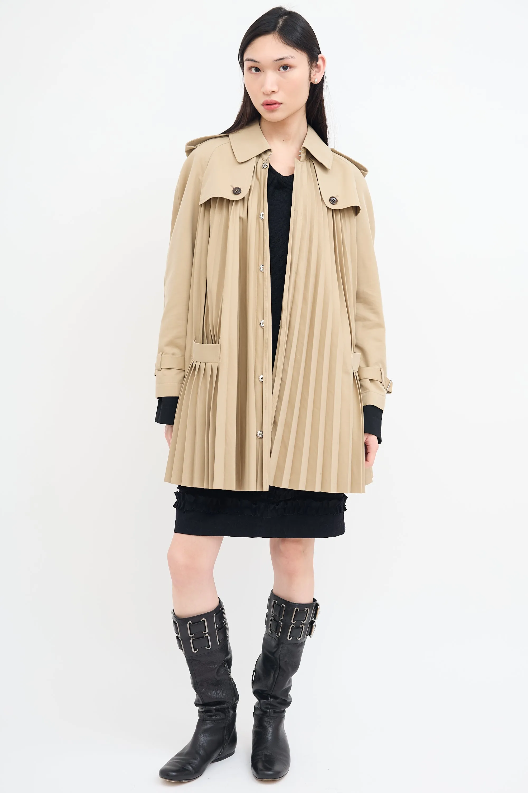 2017 Beige Belted Pleat Trench Coat