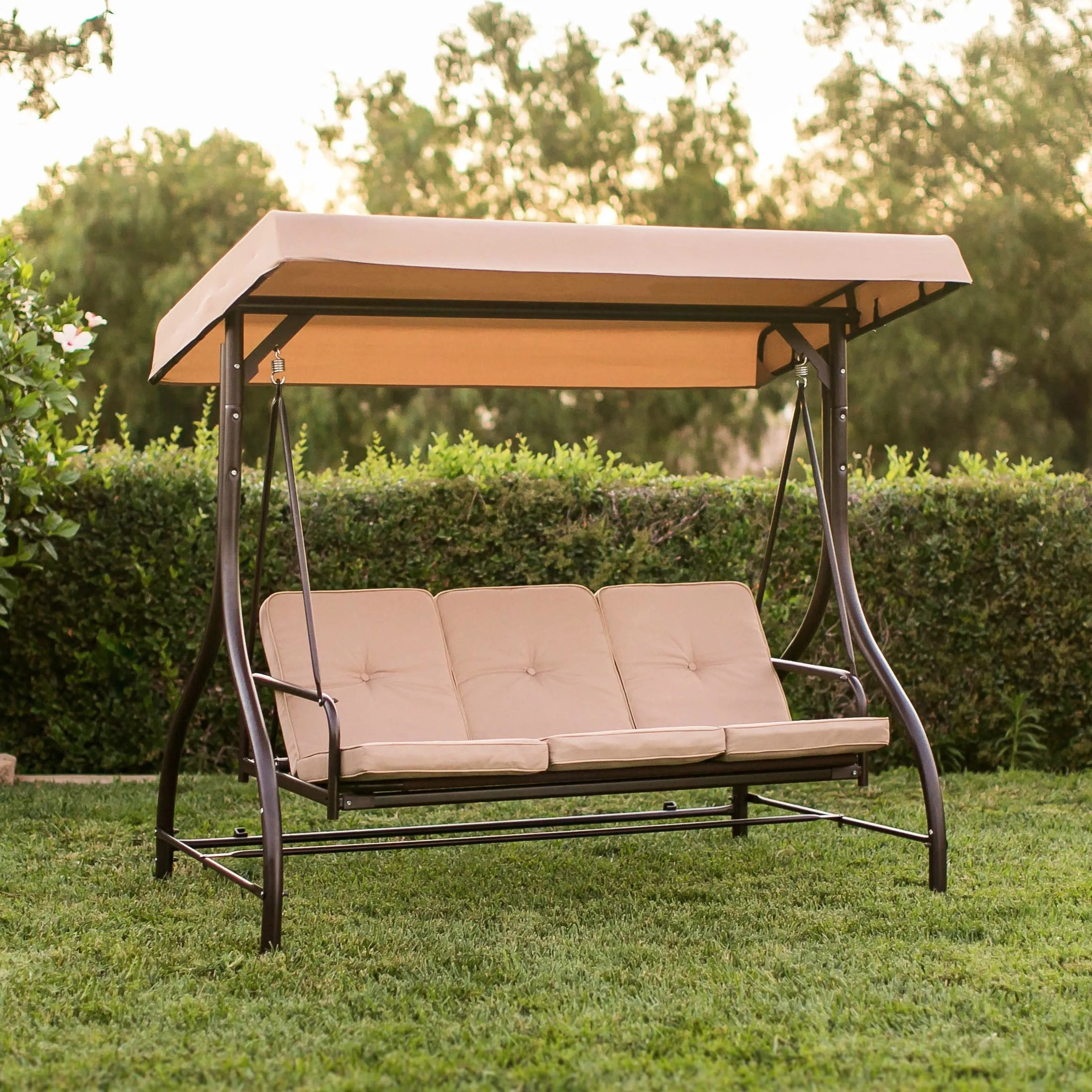 3-Seat Outdoor Canopy Swing Glider Furniture w/ Convertible Flatbed Backrest