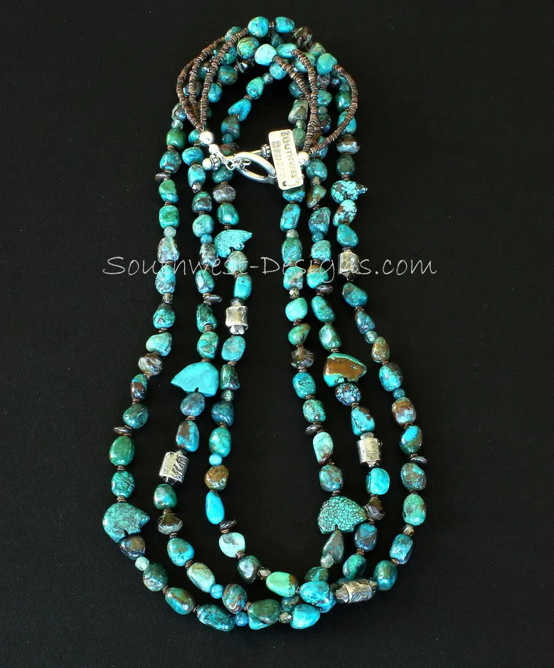 3-Strand Chrysocolla Nugget Necklace with MoltenMojo Cylinder Beads, Blue Apatite Rounds, Fire Polished & Czech Luster Glass, Turquoise Bear Fetishes, Olive Shell Heishi and Sterling Silver