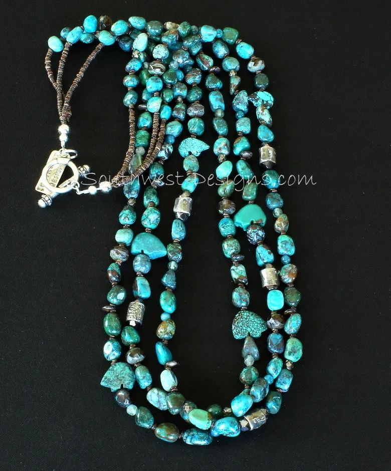 3-Strand Chrysocolla Nugget Necklace with MoltenMojo Cylinder Beads, Blue Apatite Rounds, Fire Polished & Czech Luster Glass, Turquoise Bear Fetishes, Olive Shell Heishi and Sterling Silver