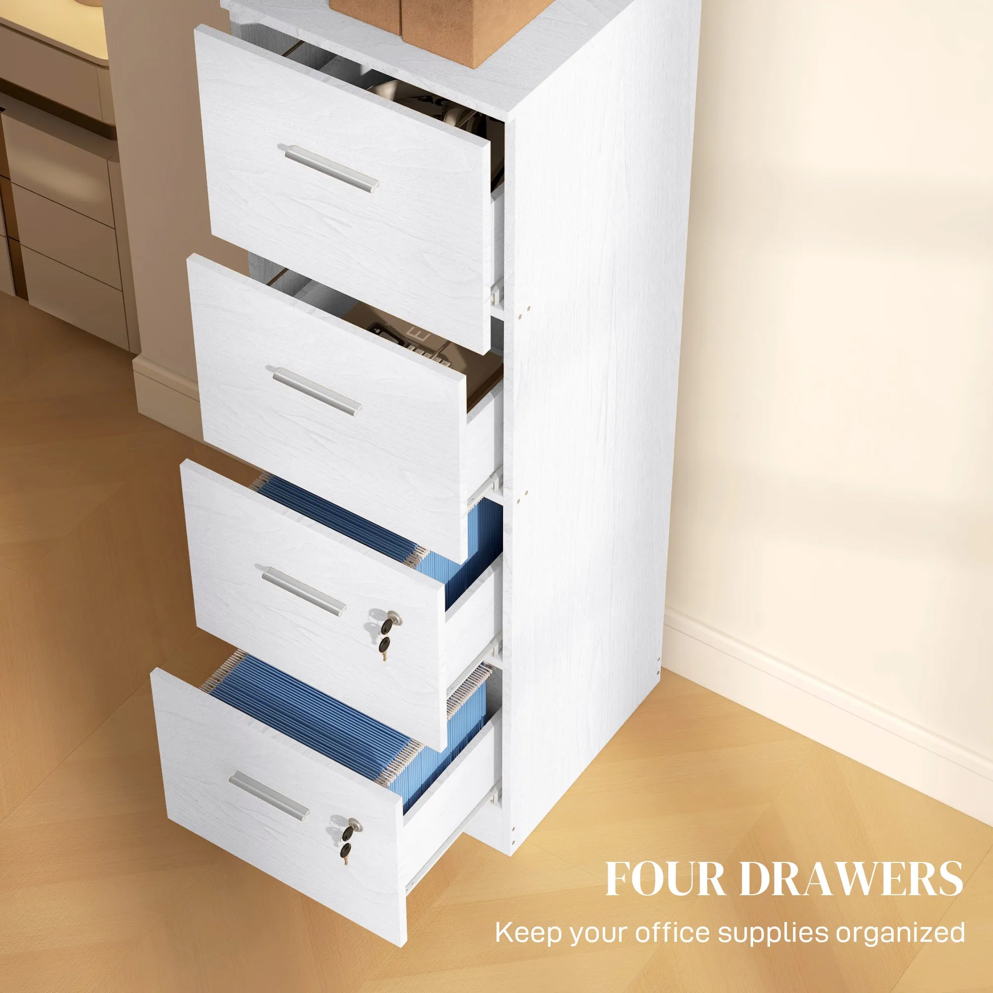 4 Drawer File Cabinet Locking Filing Cabinet for A4, Ash Wood-Effect