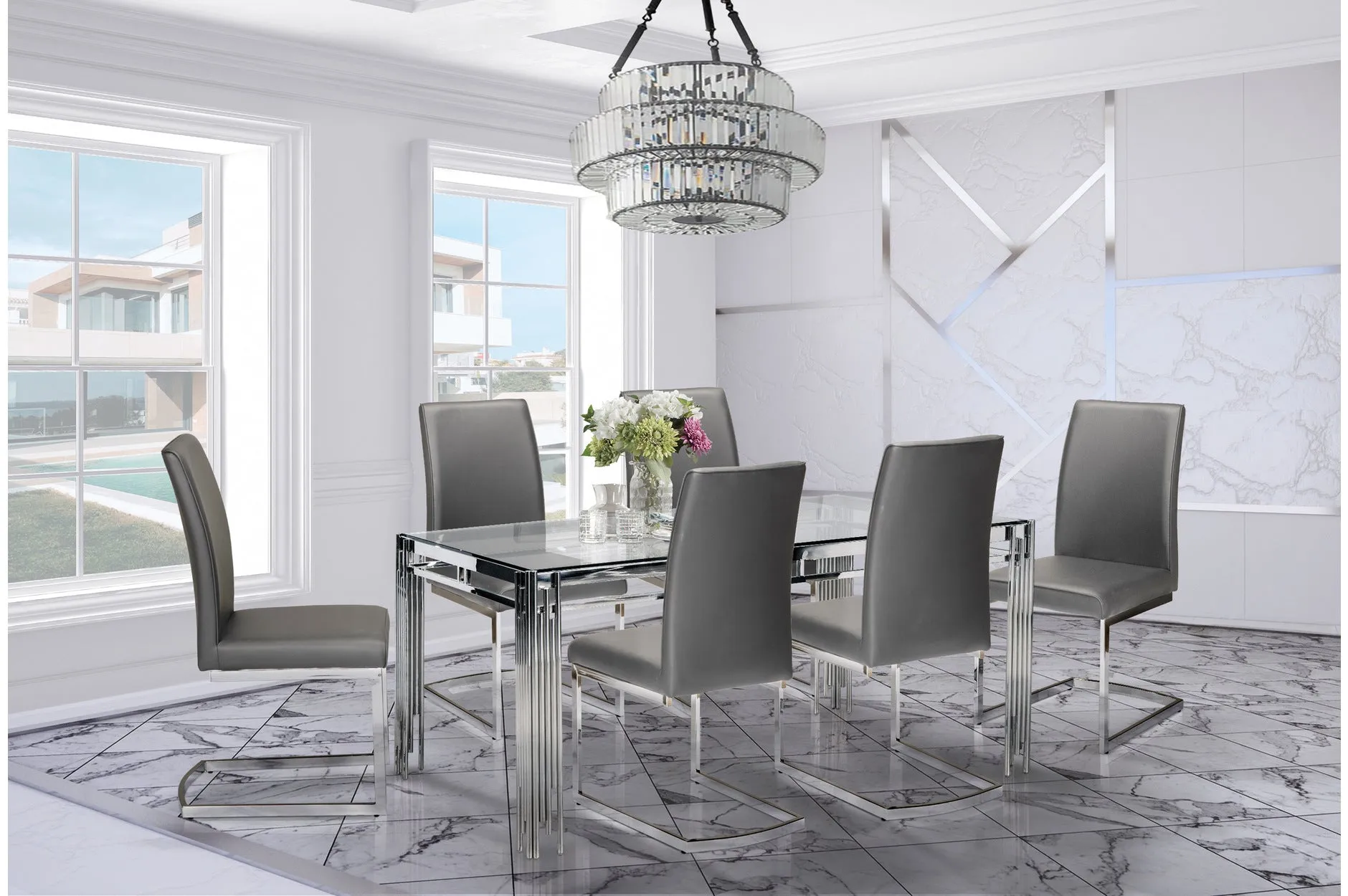 7 Piece Porfirio Dining Set with Shirelle Chair in Grey Leather