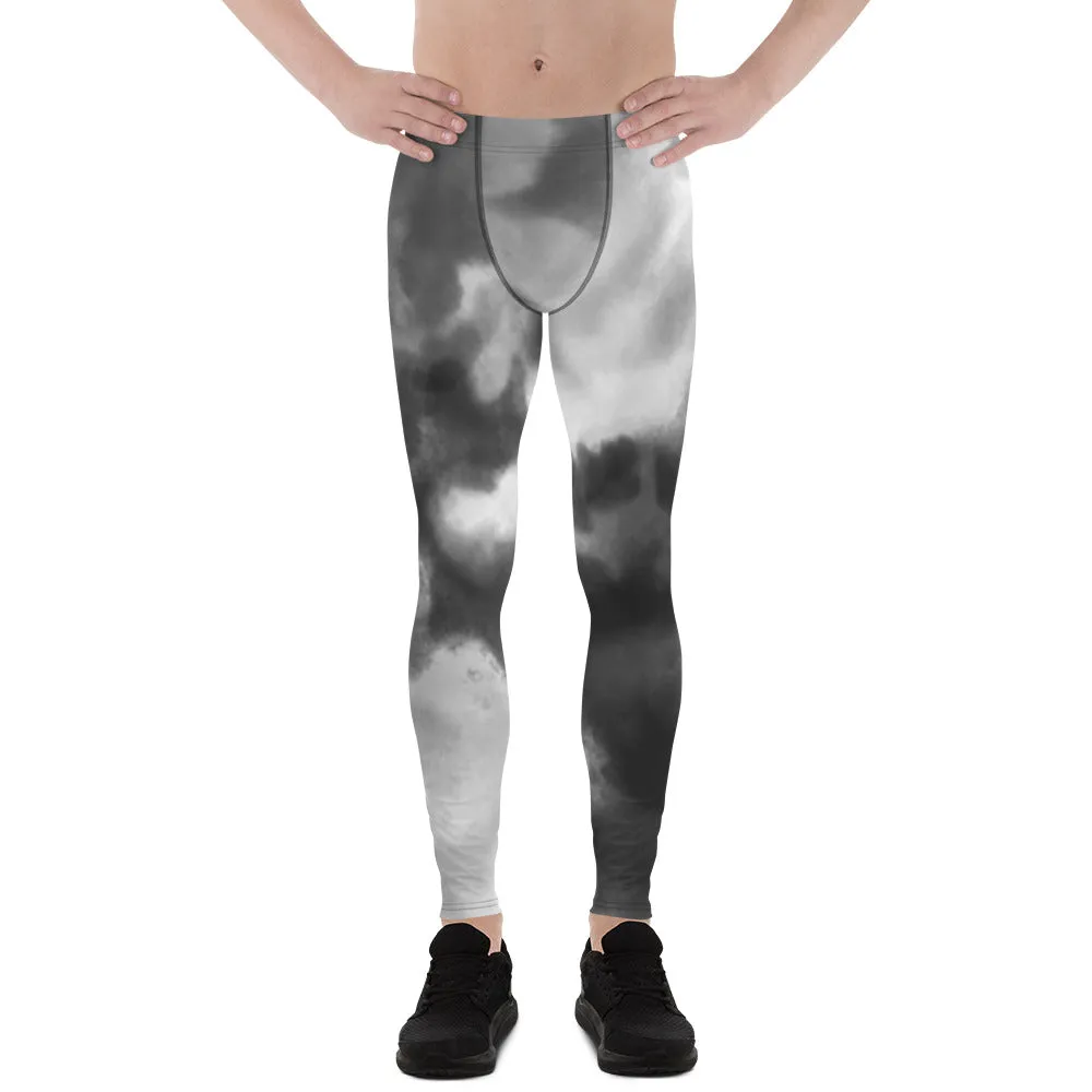 Abstract Tie Dye Men's Leggings, Grey Abstract Designer Running Compression Tights For Men - Made in USA/EU/MX