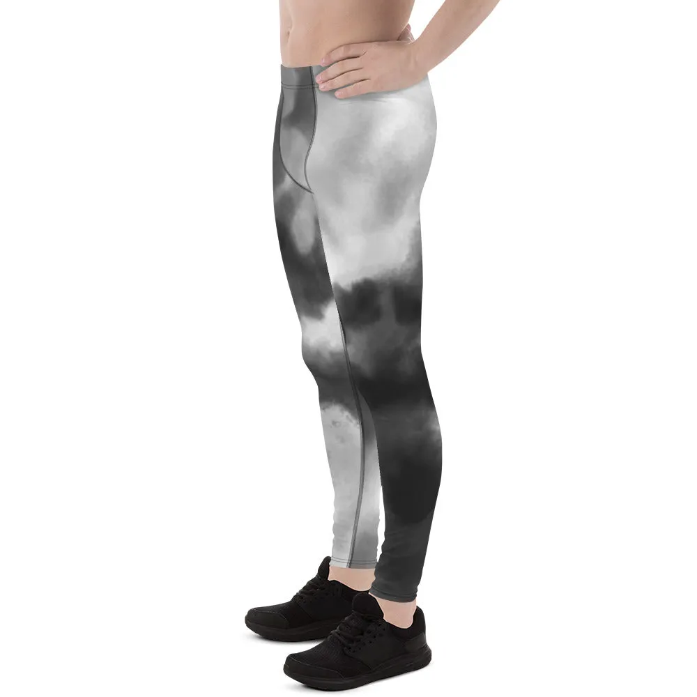 Abstract Tie Dye Men's Leggings, Grey Abstract Designer Running Compression Tights For Men - Made in USA/EU/MX