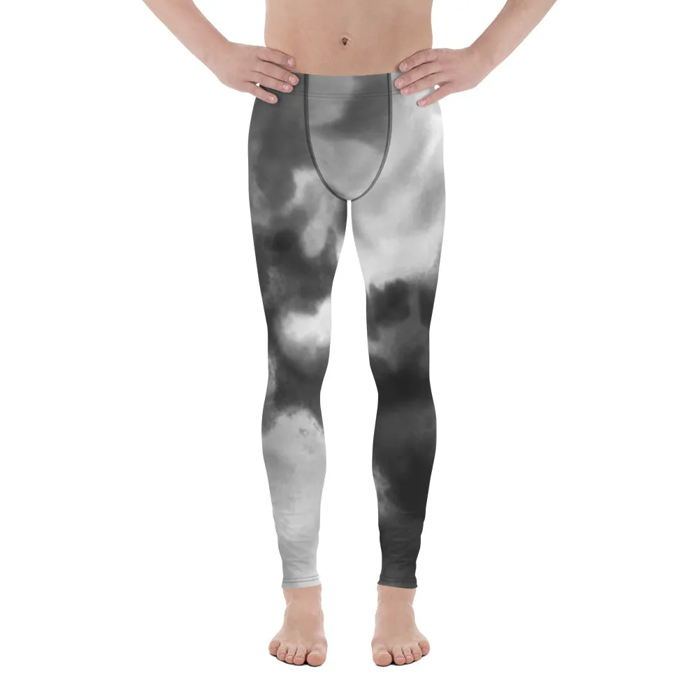 Abstract Tie Dye Men's Leggings, Grey Abstract Designer Running Compression Tights For Men - Made in USA/EU/MX