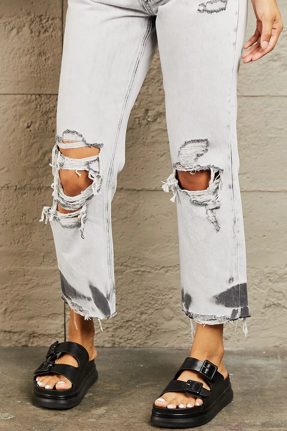 Acid Wash Accent Cropped Mom Jeans