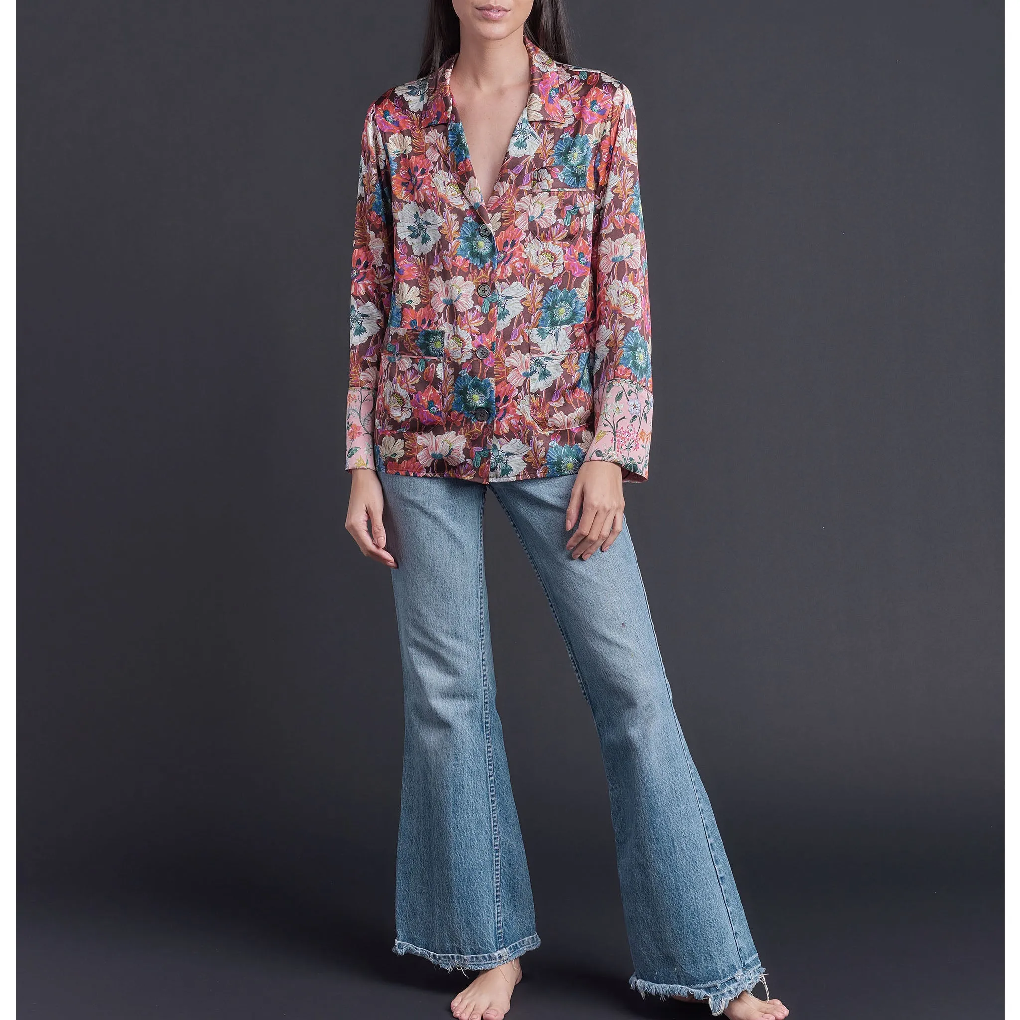 Annabel Pajama Top in Poppy Liberty Print Silk Charmeuse