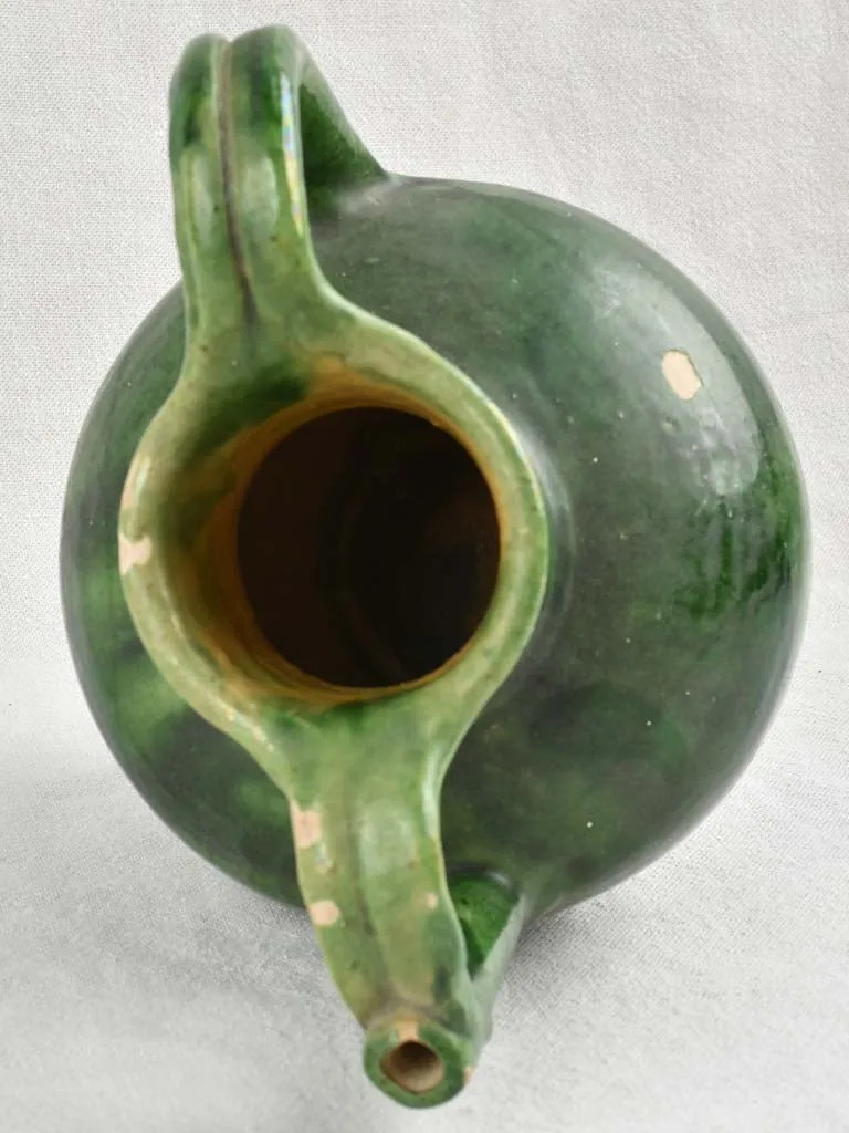 Antique Provençal Terracotta Orjol Pitcher -  Dark Green W/ 2 Handles 9½"