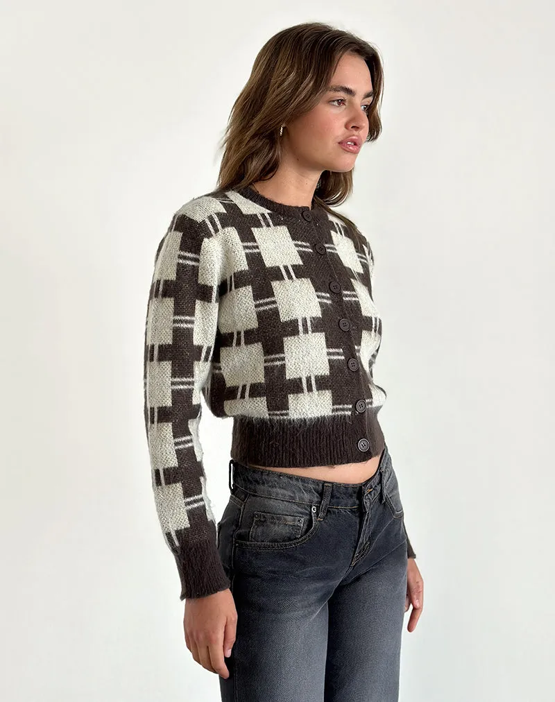 Anzio Knitted Cardigan in Check Brown