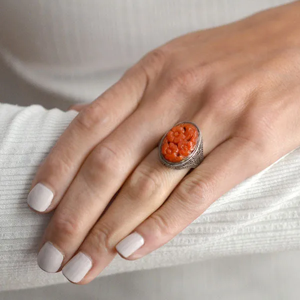 Art Deco Chinese Silver & Floral Carved Coral Filigree Ring