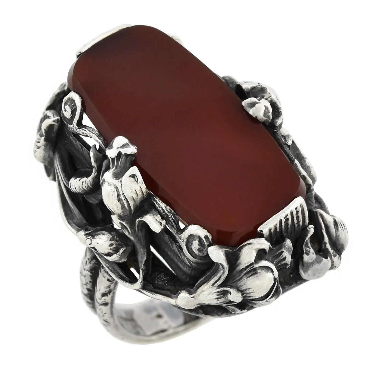 Art Nouveau Large Sterling Carnelian Plaque   Floral Motif Ring