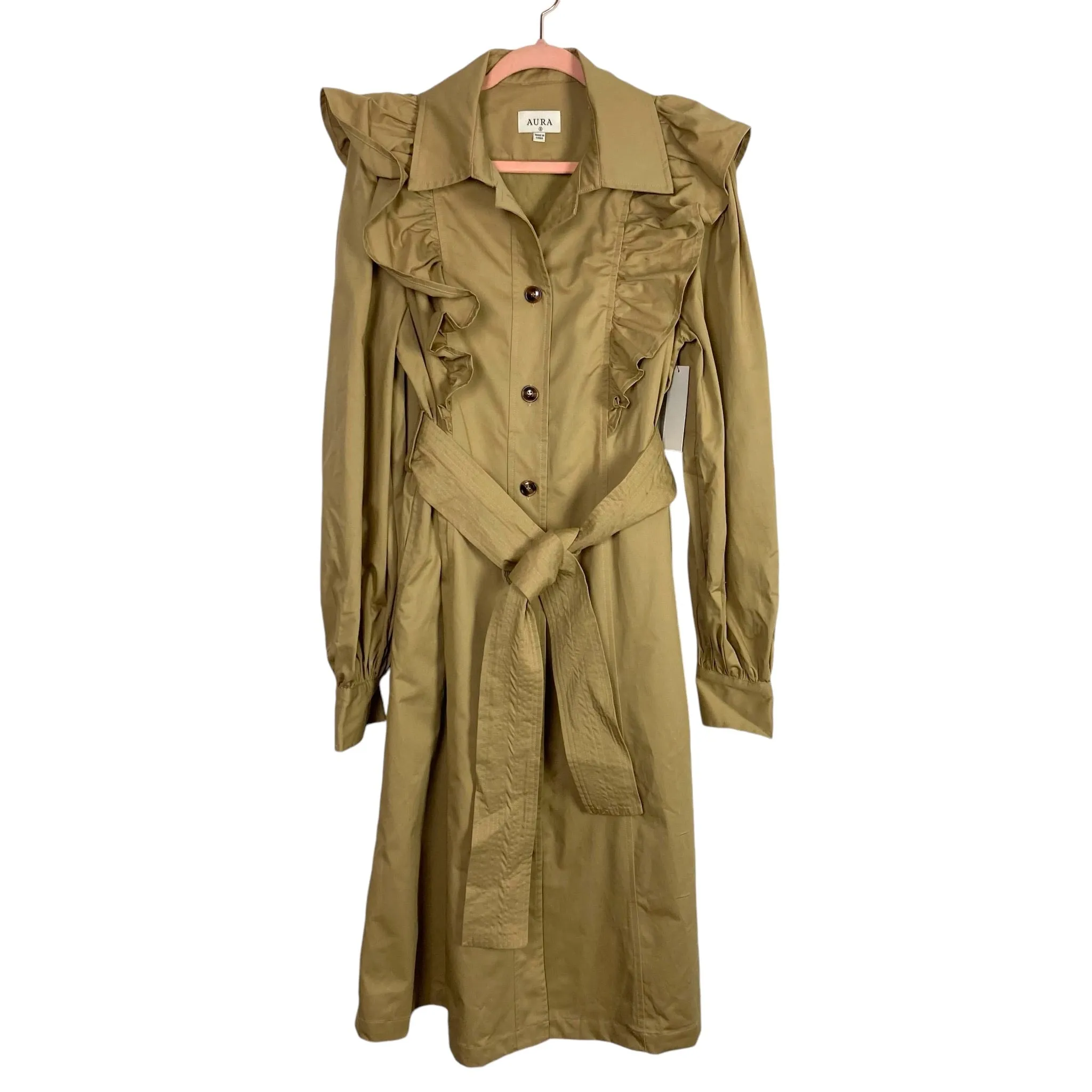 AURA Khaki Ruffle Belted Trench Coat NWT- Size S (sold out online)