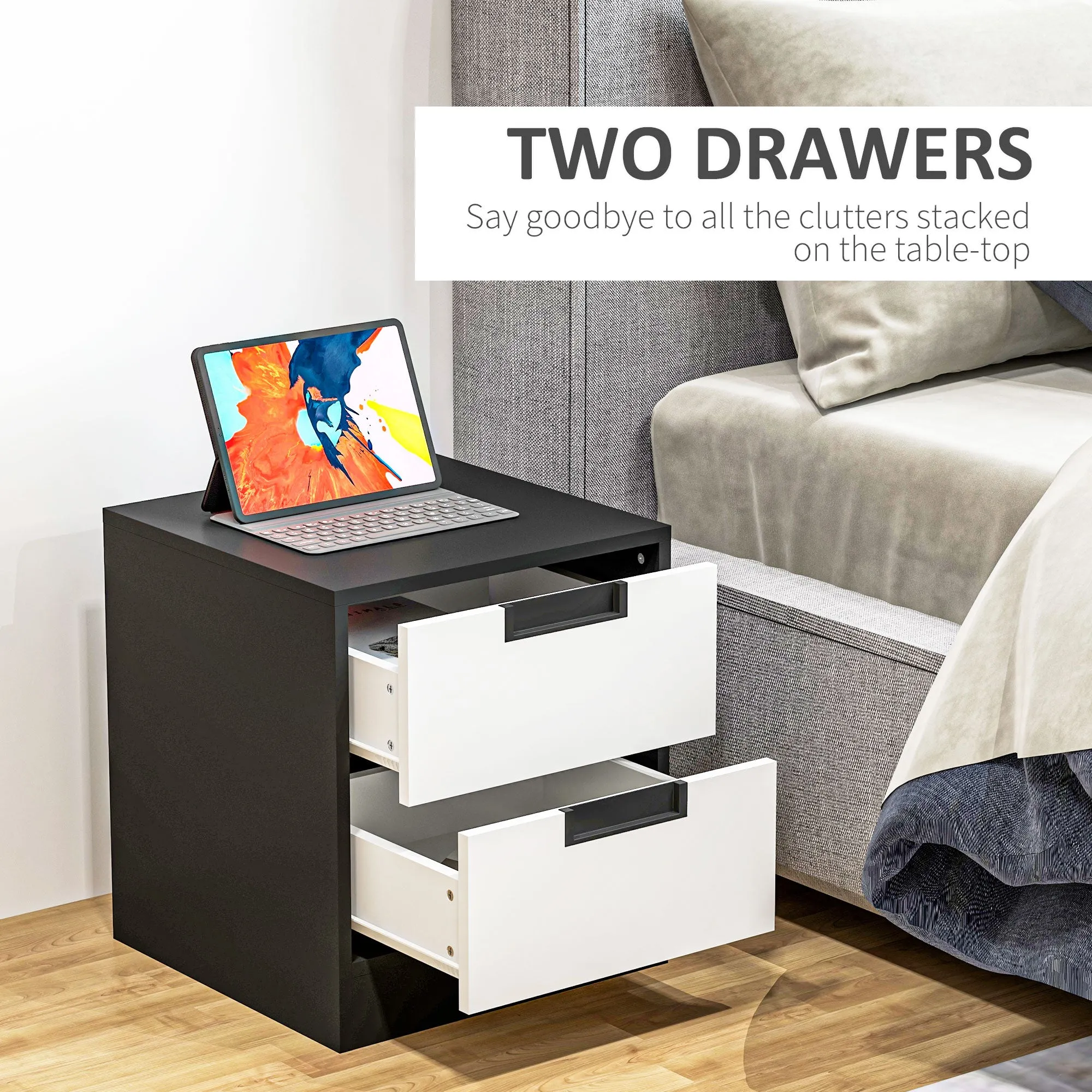 Bedside Tables Set of 2, Nightstands with 2 Drawers, Modern Bedside Cabinets with Storage for Bedroom, Living Room, White and Black