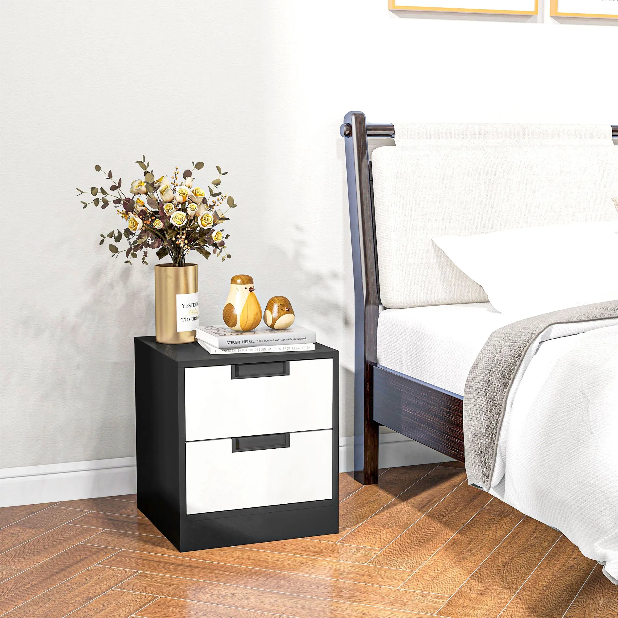 Bedside Tables Set of 2, Nightstands with 2 Drawers, Modern Bedside Cabinets with Storage for Bedroom, Living Room, White and Black