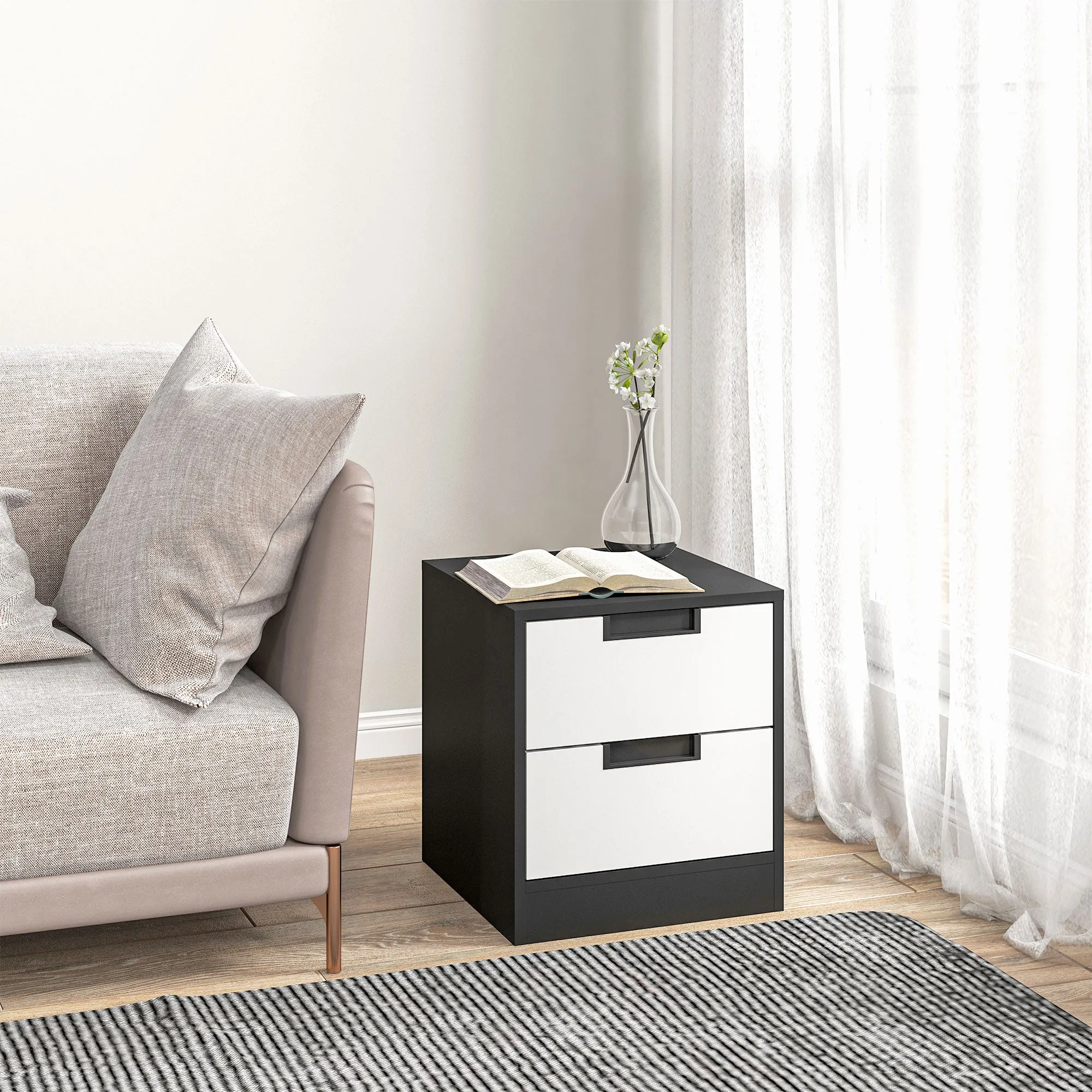 Bedside Tables Set of 2, Nightstands with 2 Drawers, Modern Bedside Cabinets with Storage for Bedroom, Living Room, White and Black