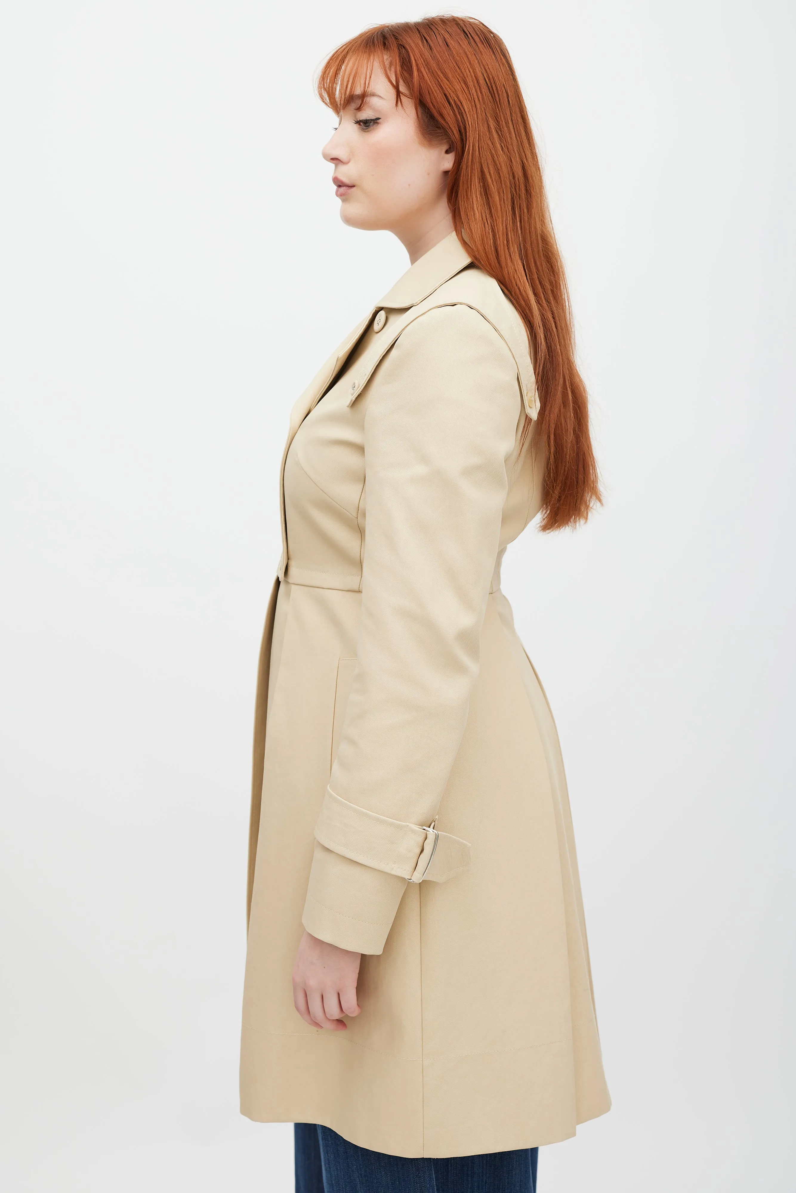 Beige Double Breasted Pleated Trench Coat