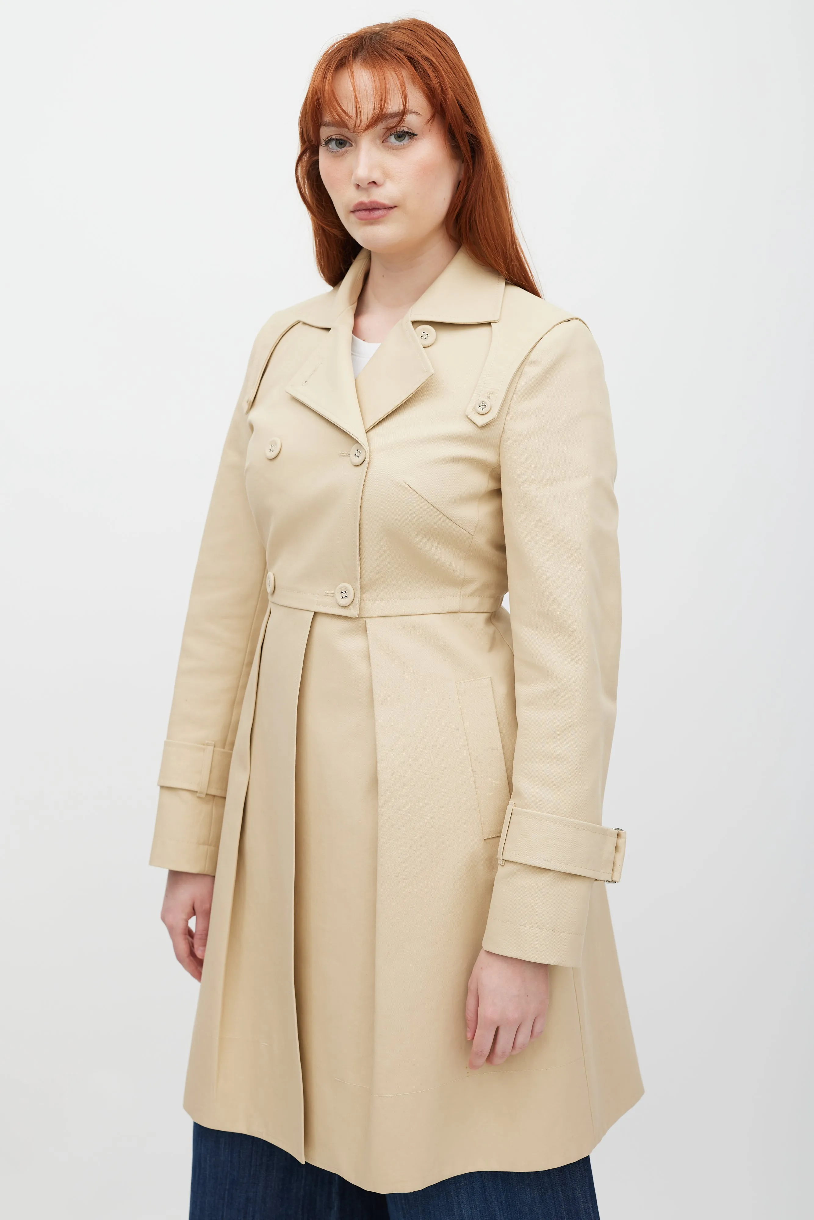 Beige Double Breasted Pleated Trench Coat