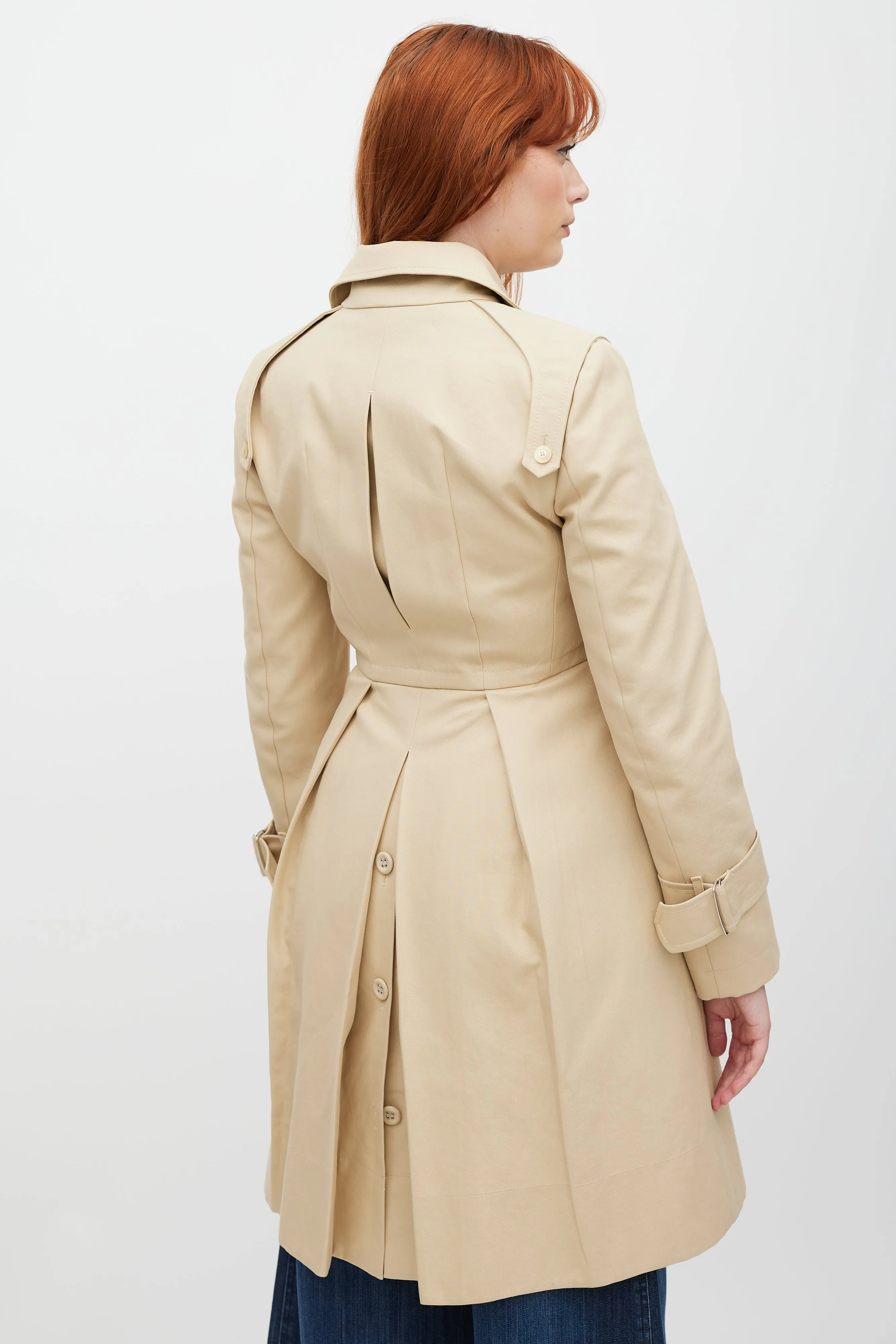 Beige Double Breasted Pleated Trench Coat