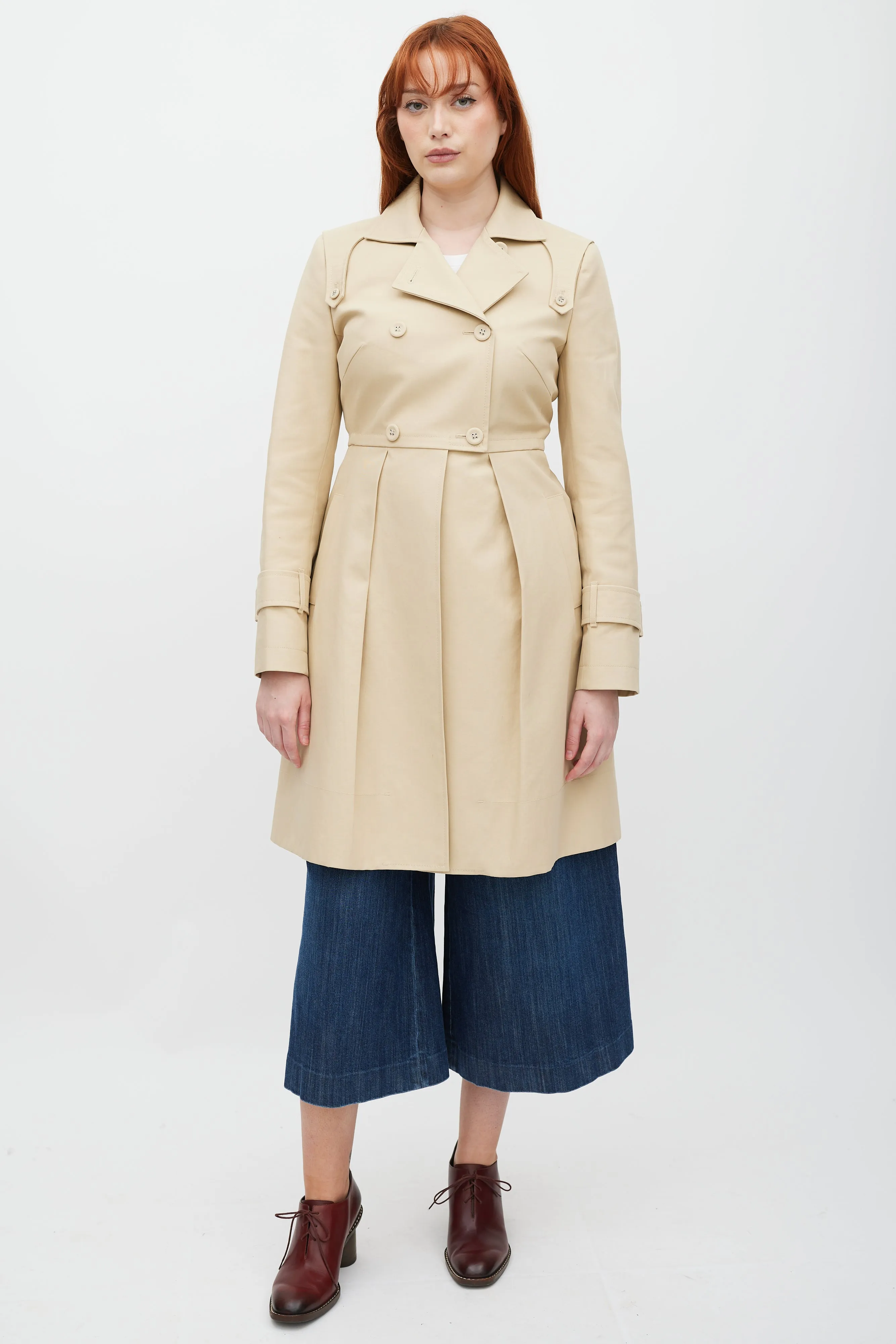 Beige Double Breasted Pleated Trench Coat