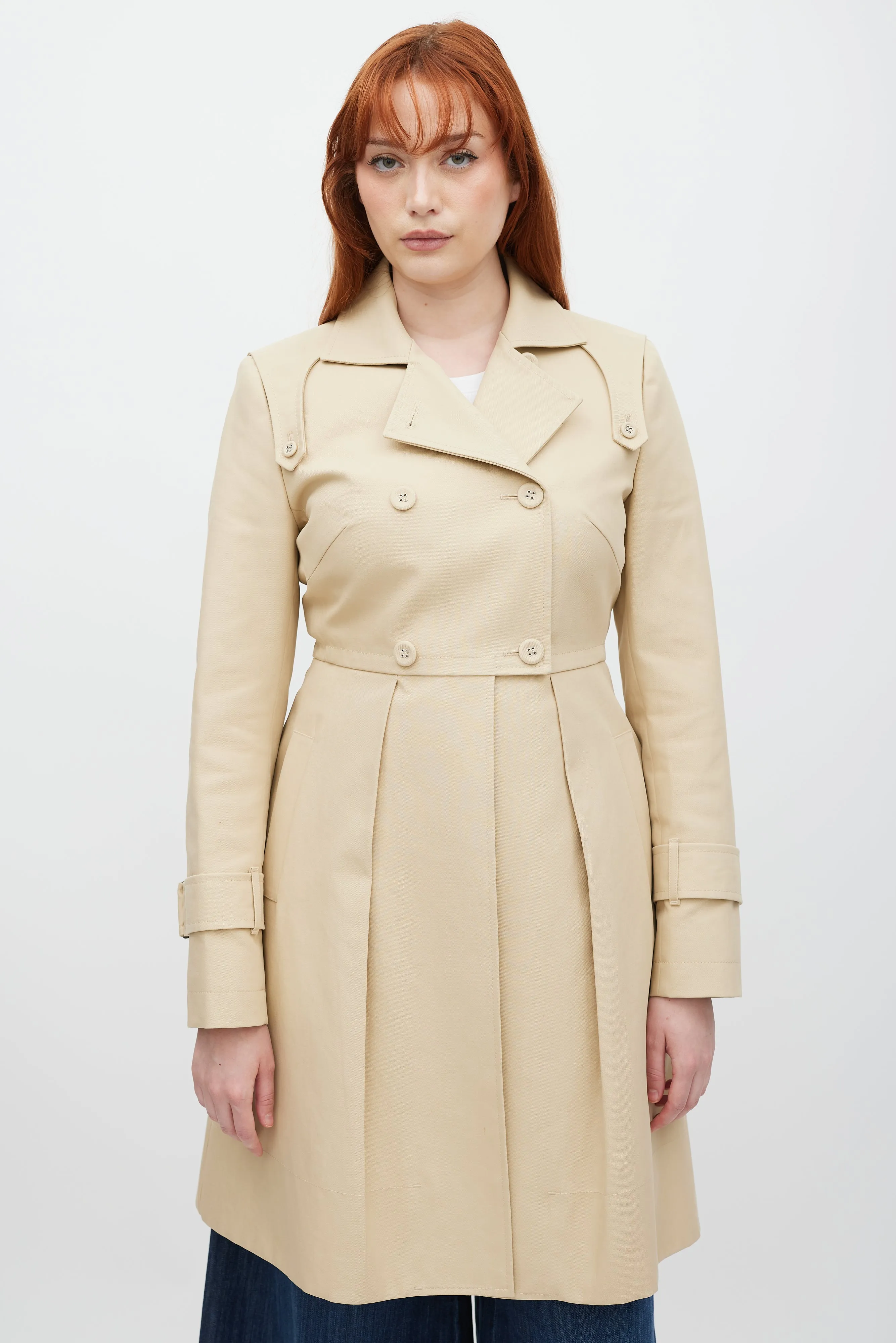 Beige Double Breasted Pleated Trench Coat