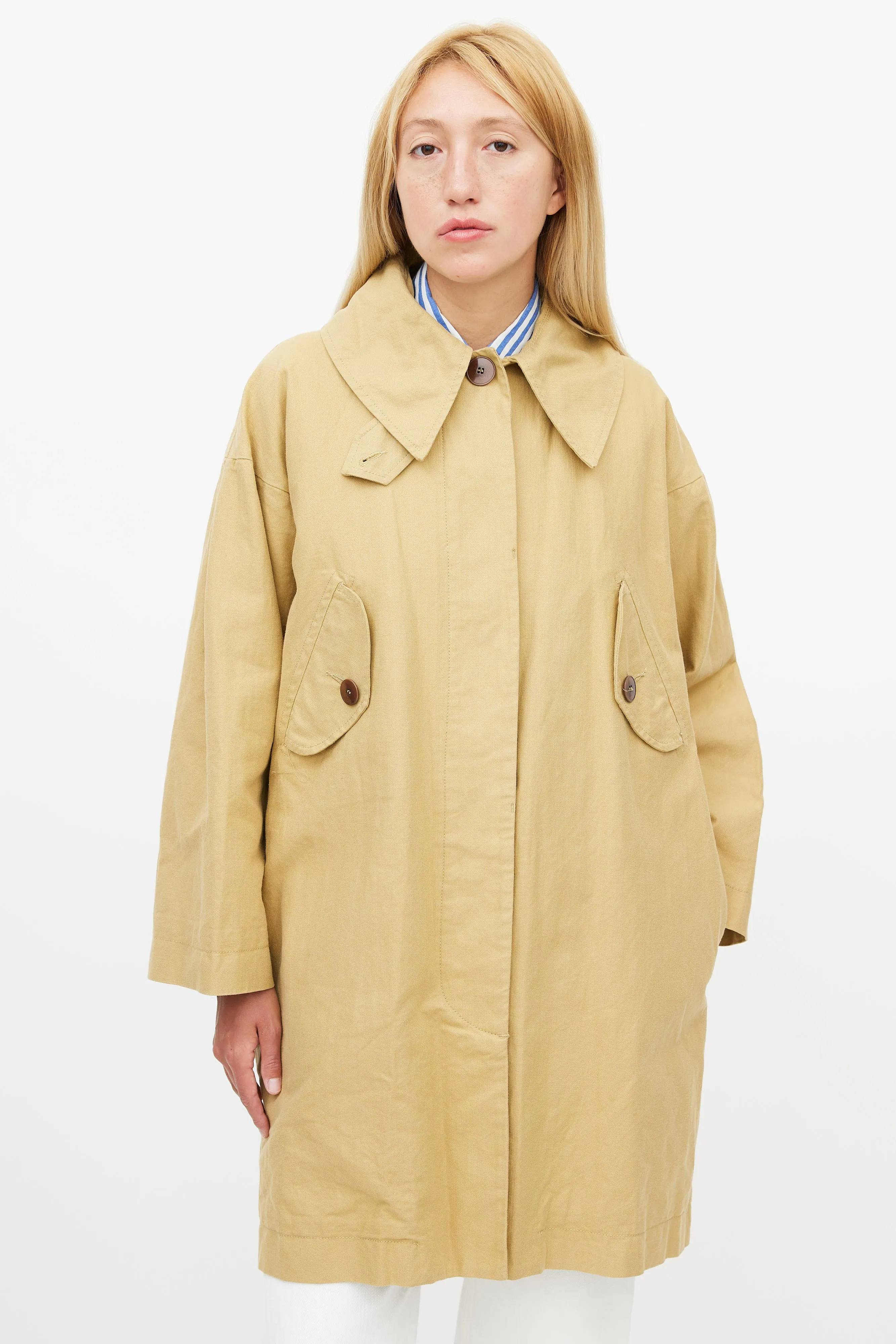 Beige Hooded Linen Trench Coat