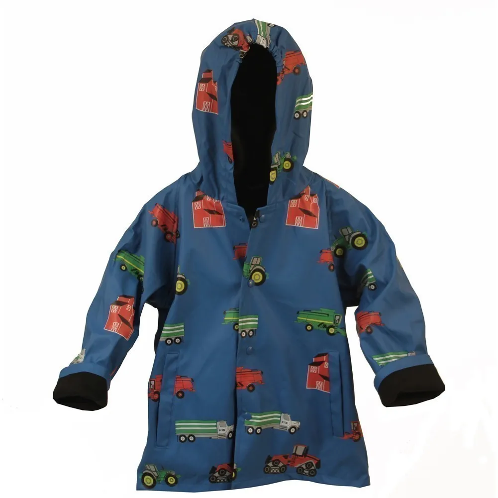 Big Boys Blue Farm Equipment Print Hooded Raincoat 8-10