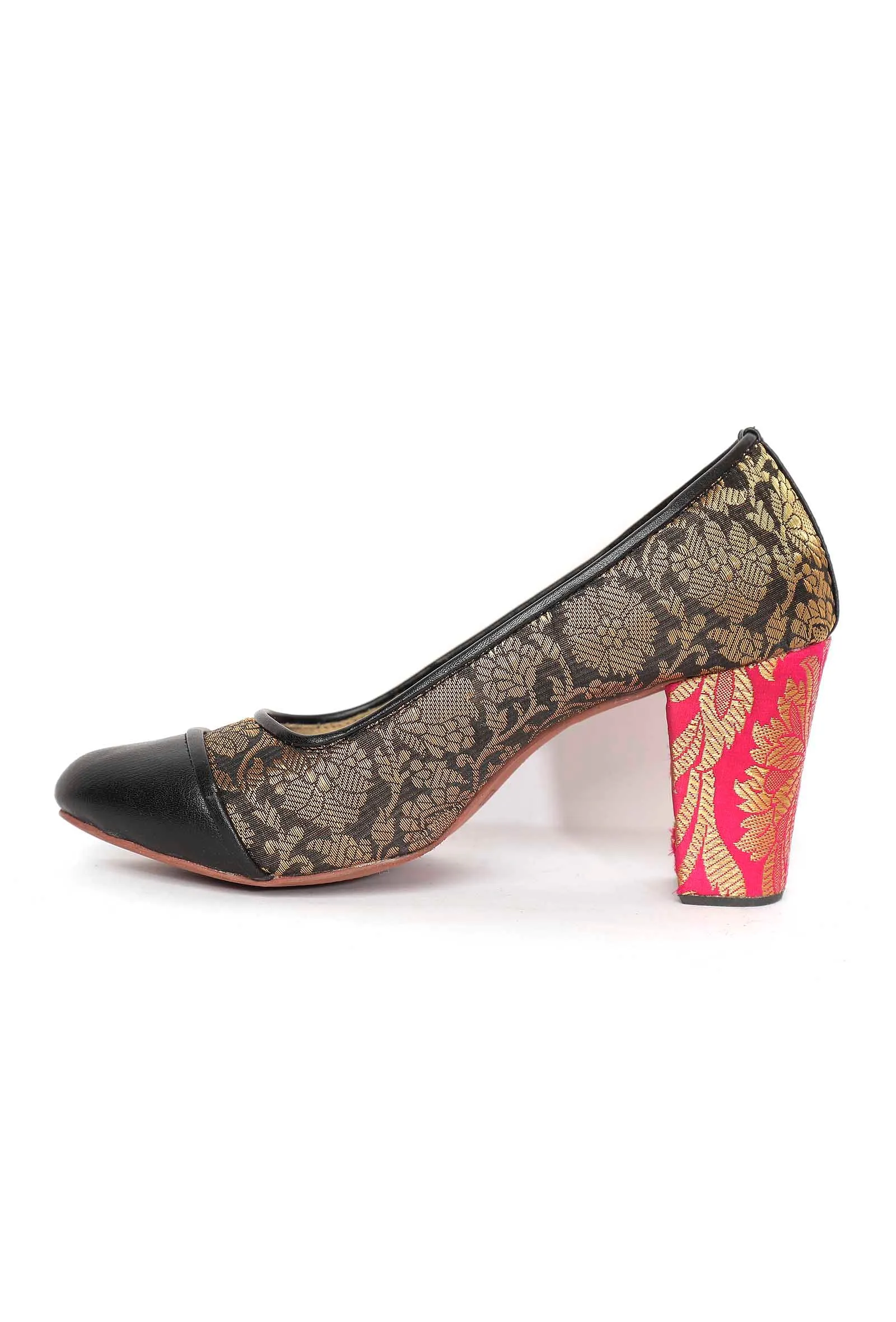 Black Brocade Heels with Pink Brocade Block Heels