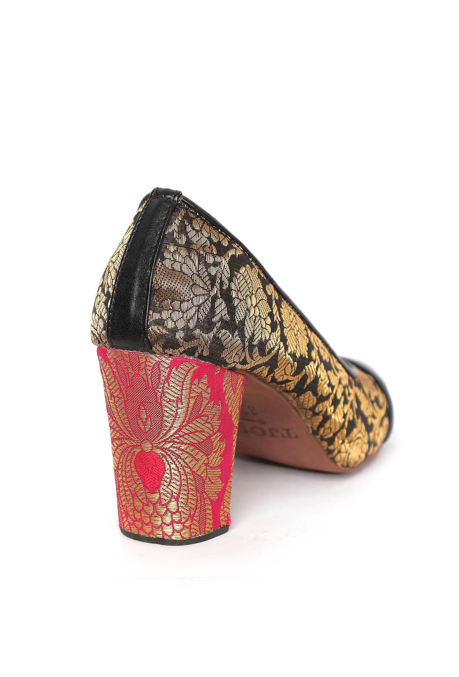 Black Brocade Heels with Pink Brocade Block Heels