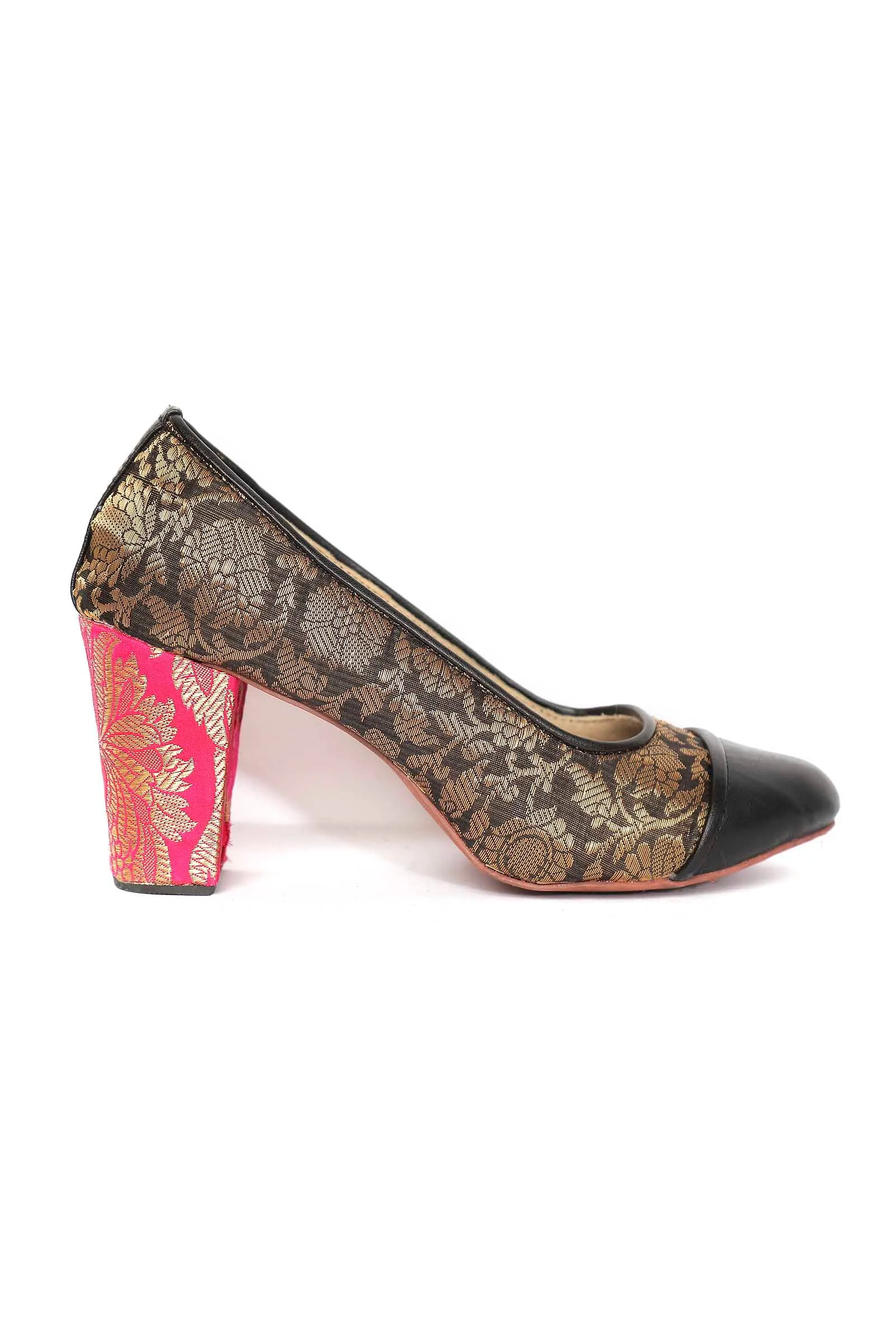 Black Brocade Heels with Pink Brocade Block Heels