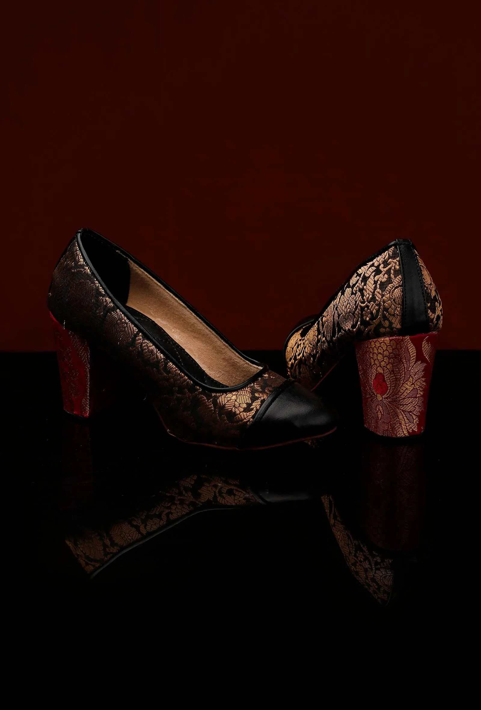 Black Brocade Heels with Pink Brocade Block Heels