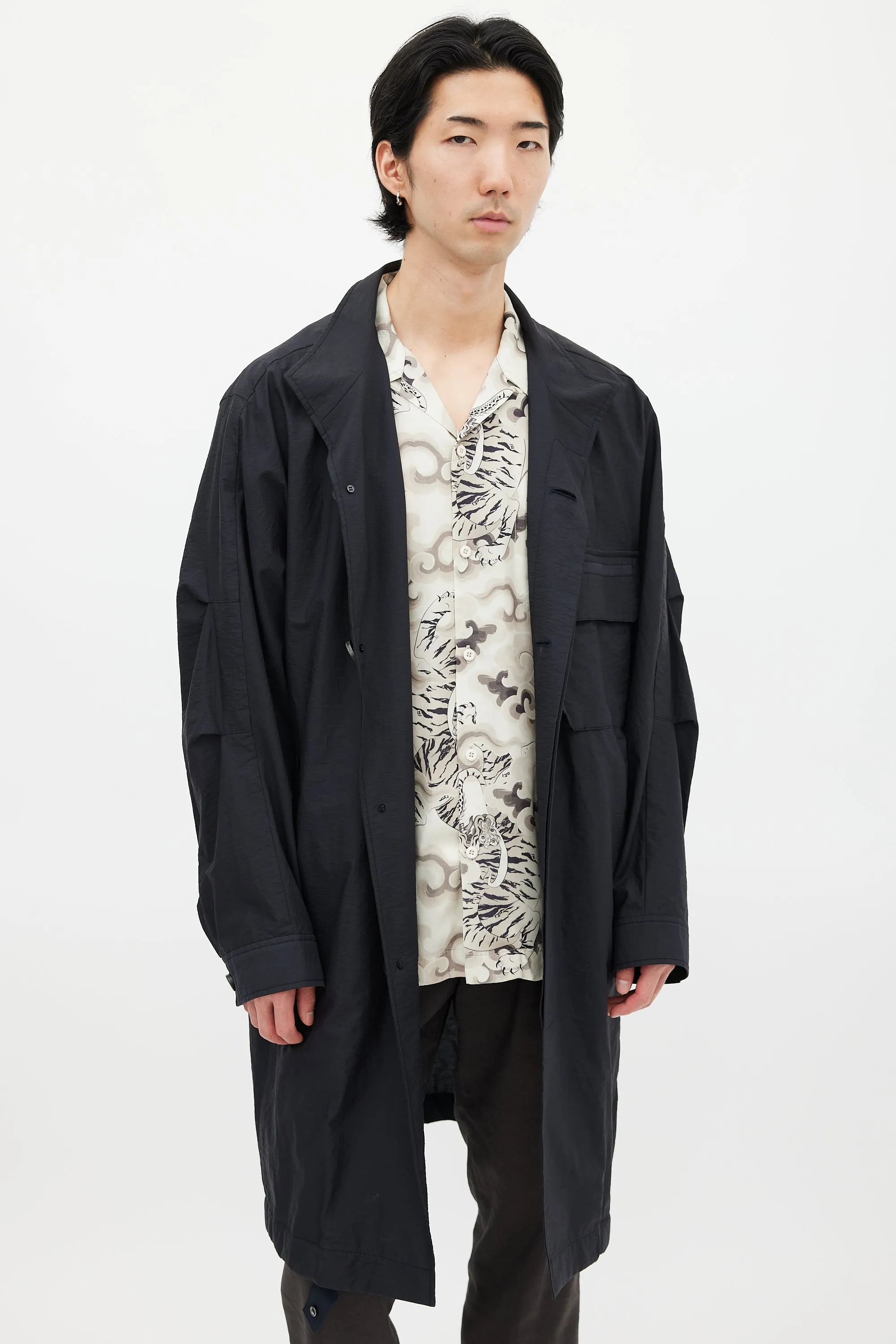 Black Cotton & Nylon Trench Coat