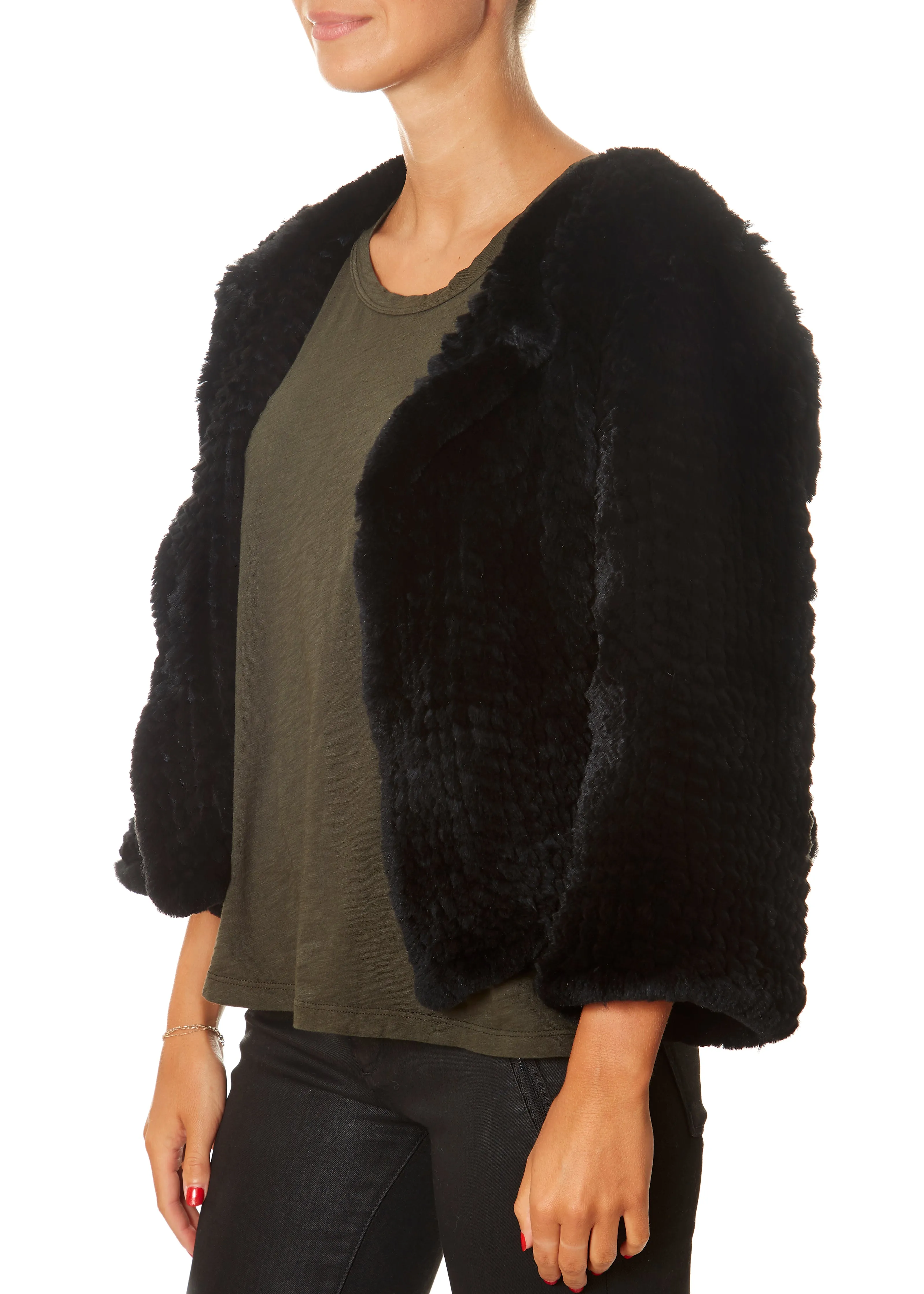 Black Fluted Arm Knitted Rabbit Jacket