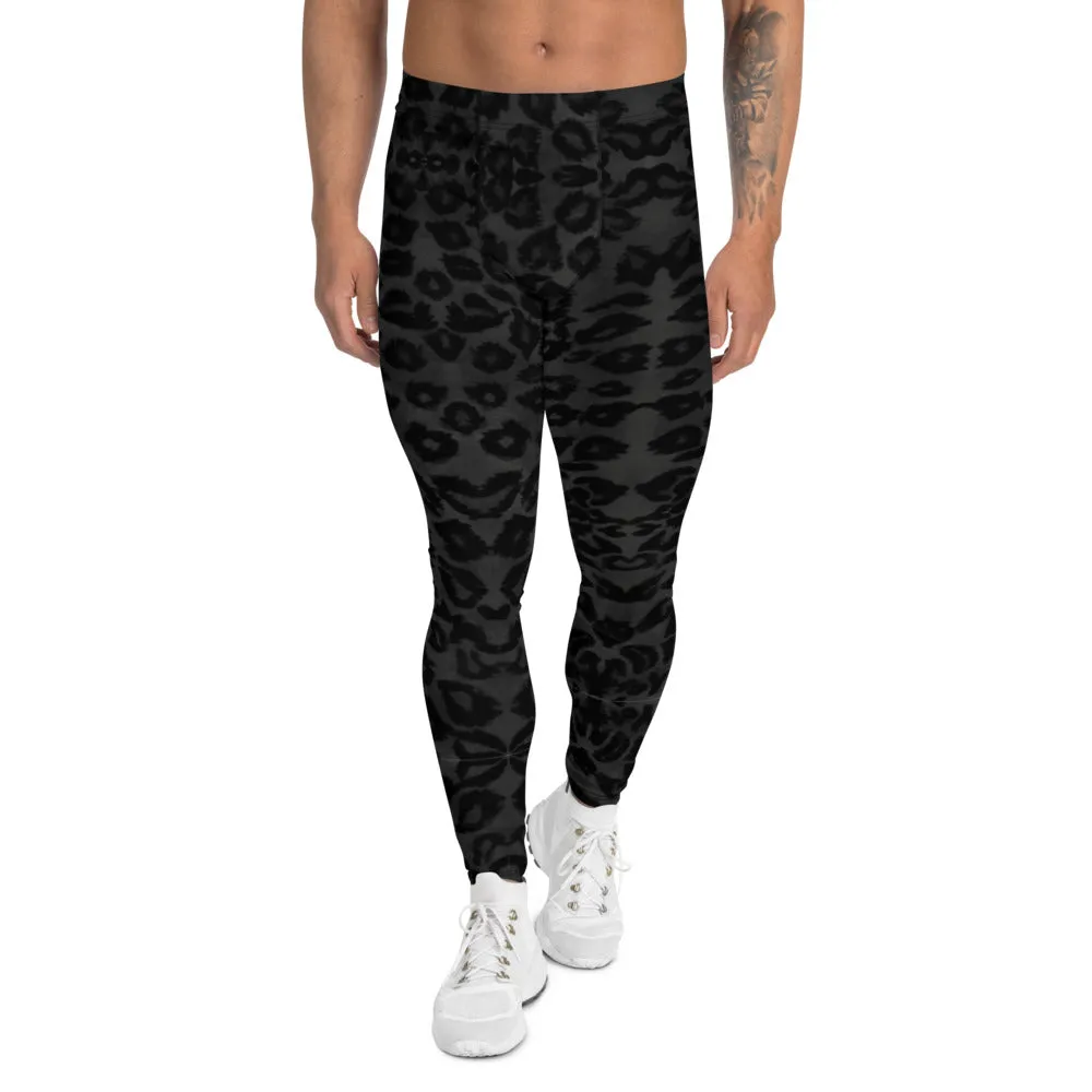 Black Leopard Men's Leggings, Best Animal Print Running Compression Tights-Made in USA/EU