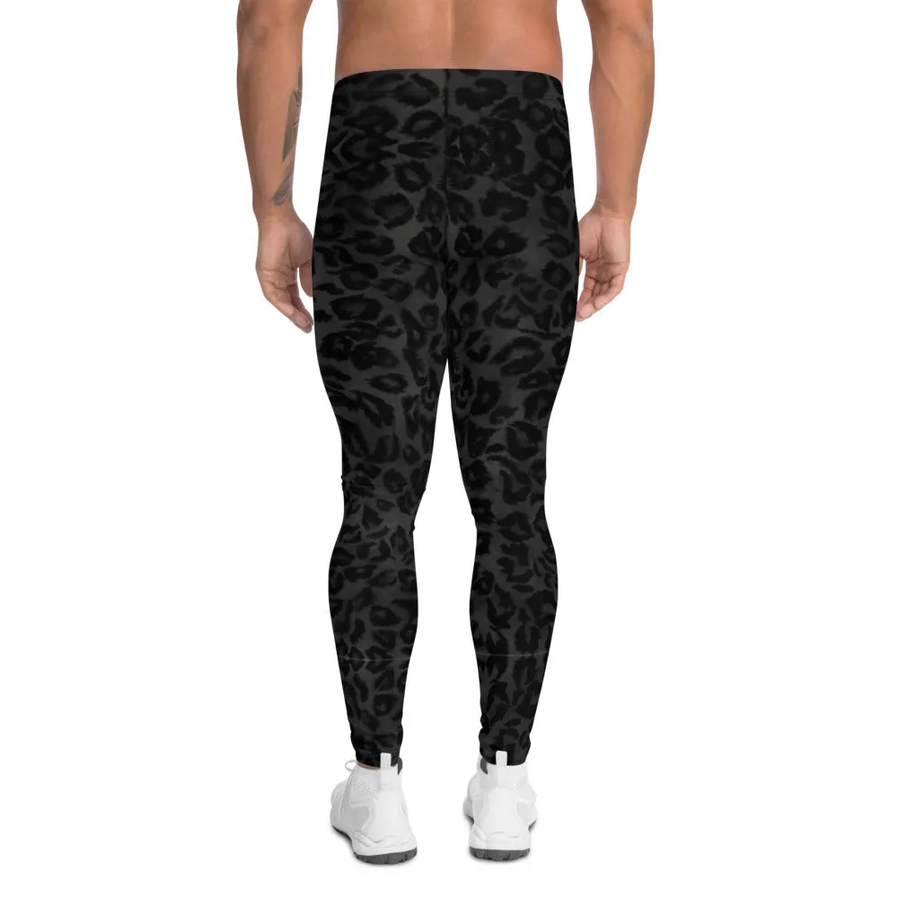 Black Leopard Men's Leggings, Best Animal Print Running Compression Tights-Made in USA/EU