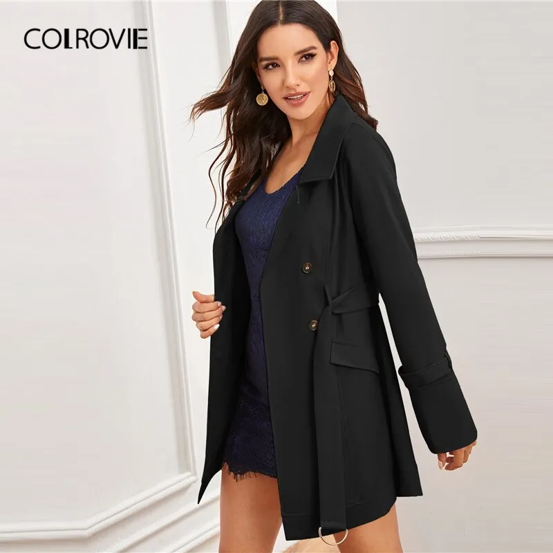 Black Notch Collar Double Breasted D-ring Belted Coat Solid Coat And Jackets Ladies Outerwear