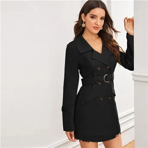 Black Notch Collar Double Breasted D-ring Belted Coat Solid Coat And Jackets Ladies Outerwear