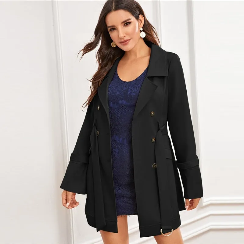 Black Notch Collar Double Breasted D-ring Belted Coat Solid Coat And Jackets Ladies Outerwear