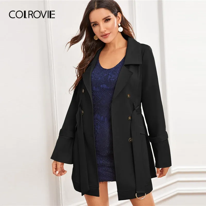 Black Notch Collar Double Breasted D-ring Belted Coat Solid Coat And Jackets Ladies Outerwear