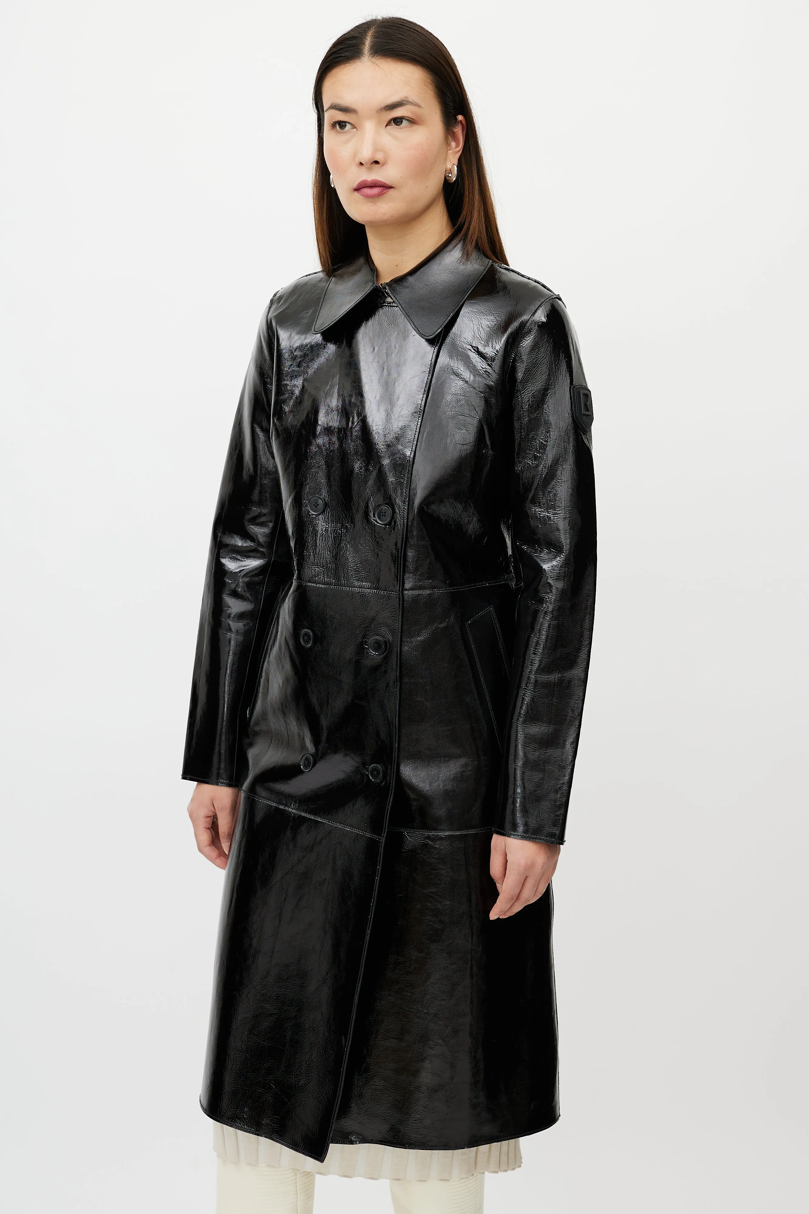 Black Patent Leather Double Breasted Trench Coat